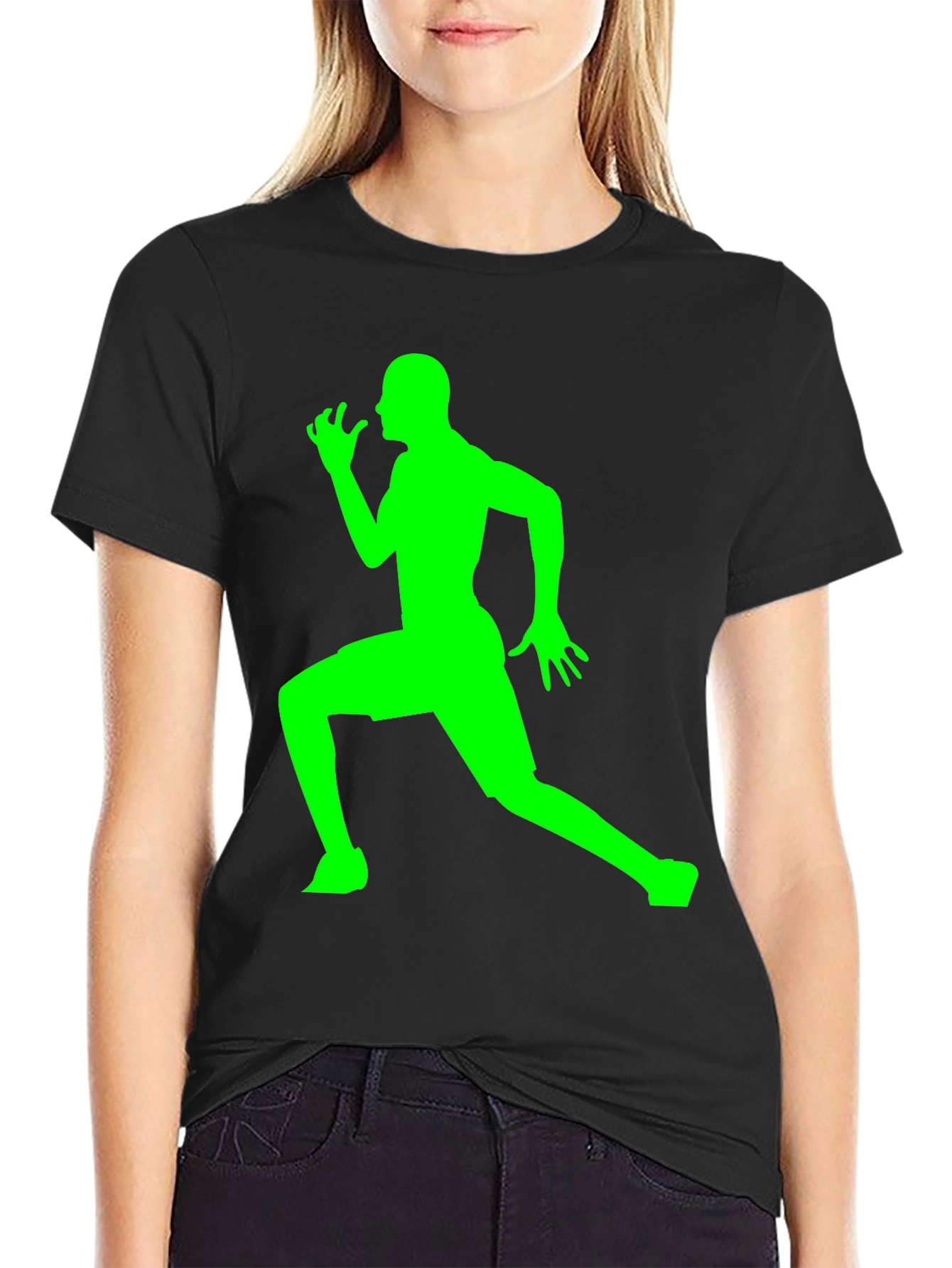 Mens Black T-Shirt with Green Running Silhouette