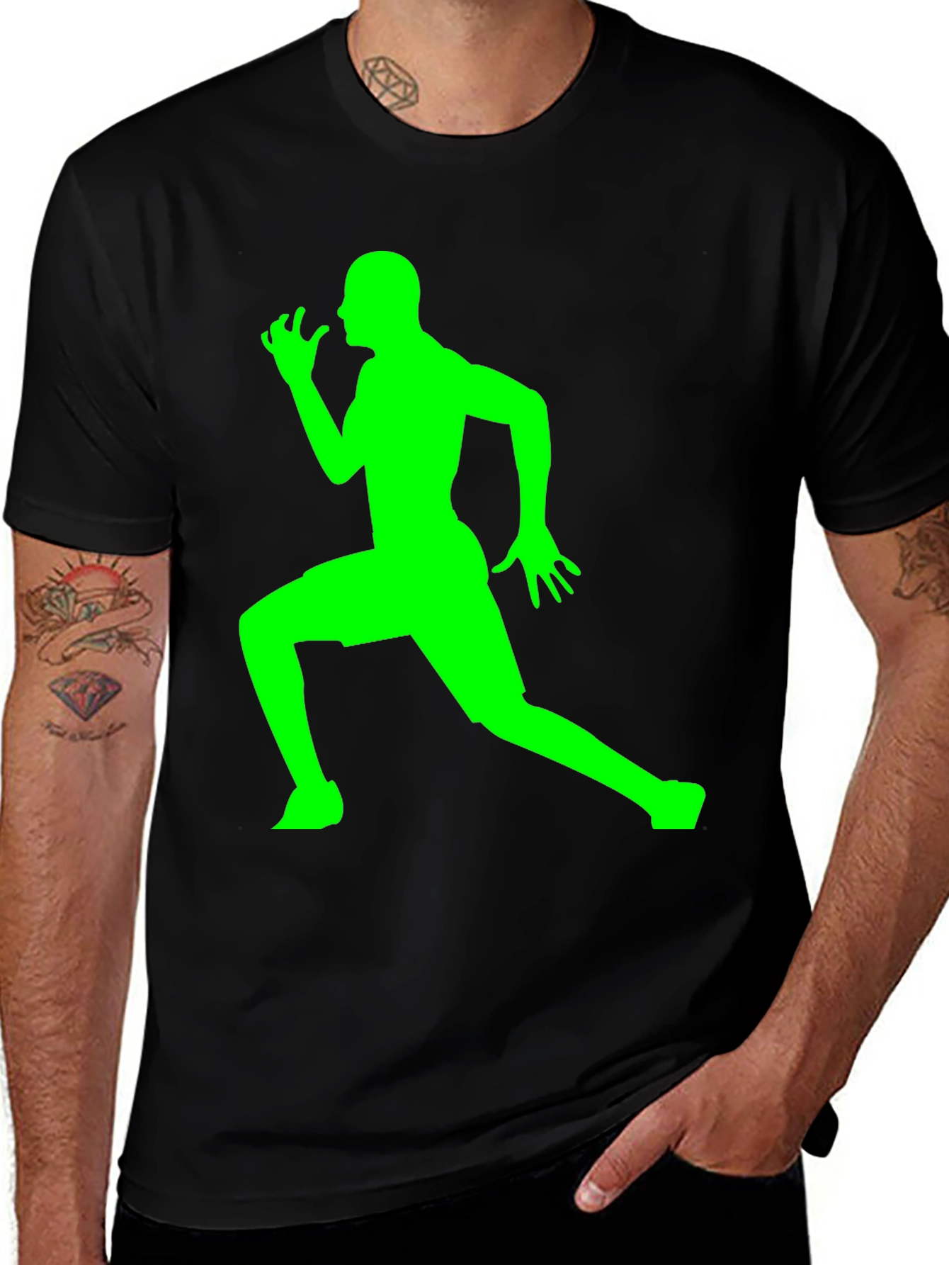 Mens Black T-Shirt with Green Running Silhouette