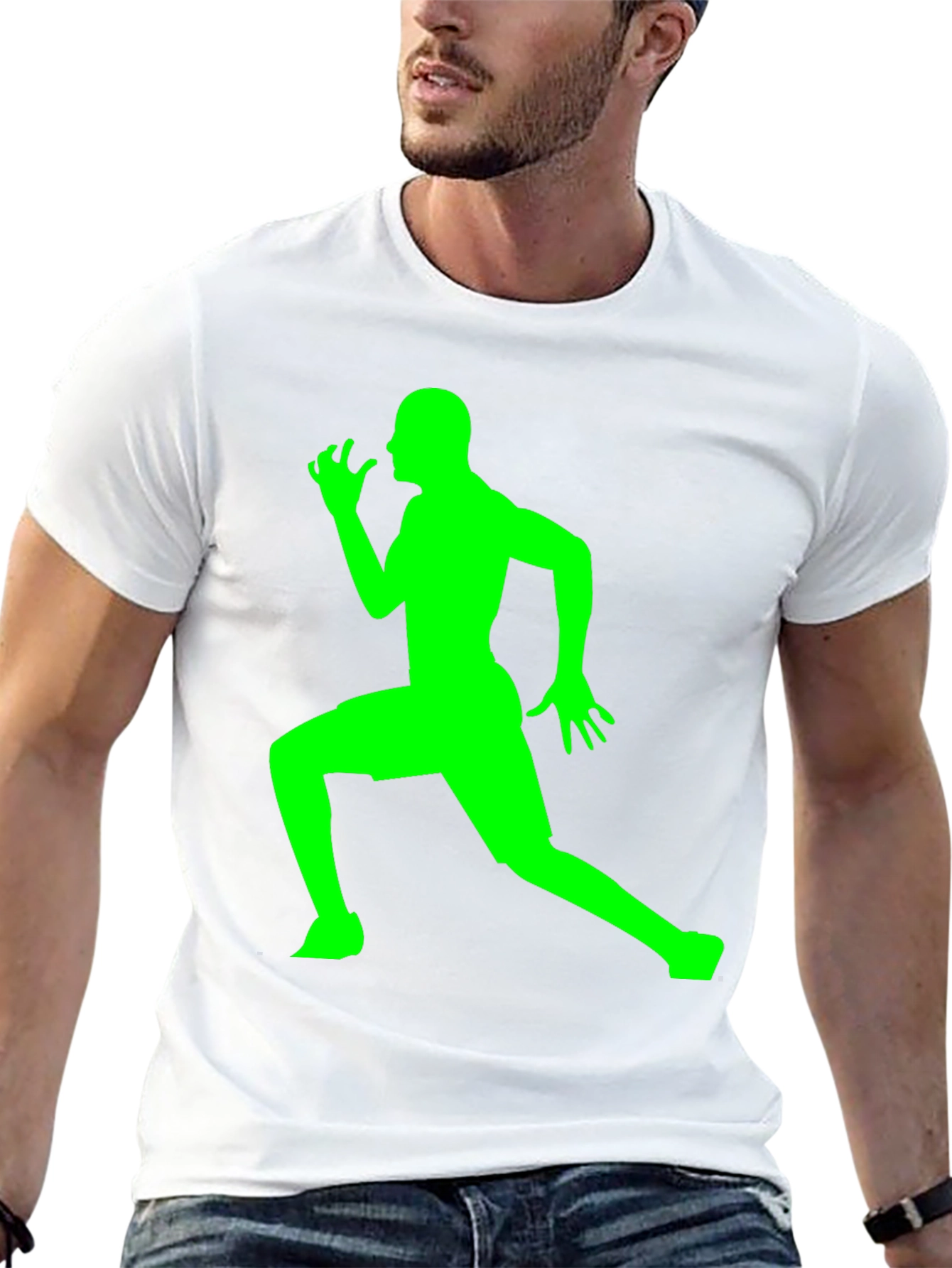Mens Black T-Shirt with Green Running Silhouette