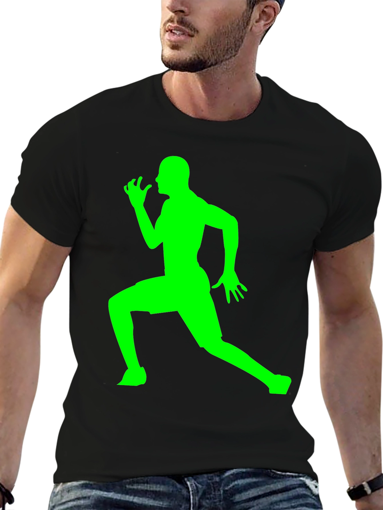Mens Black T-Shirt with Green Running Silhouette