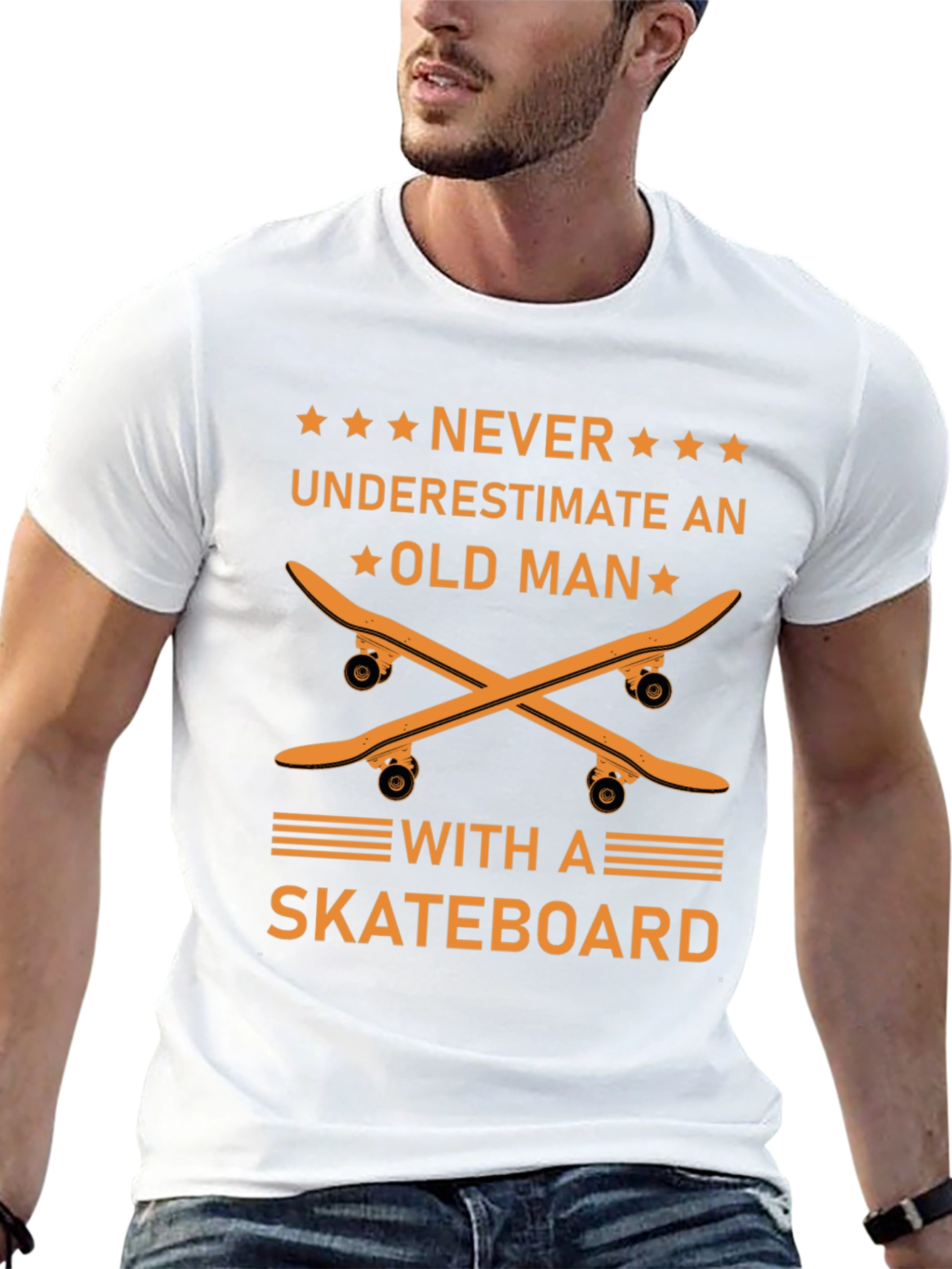 Never Underestimate Old Man with Skateboard Graphic Tee