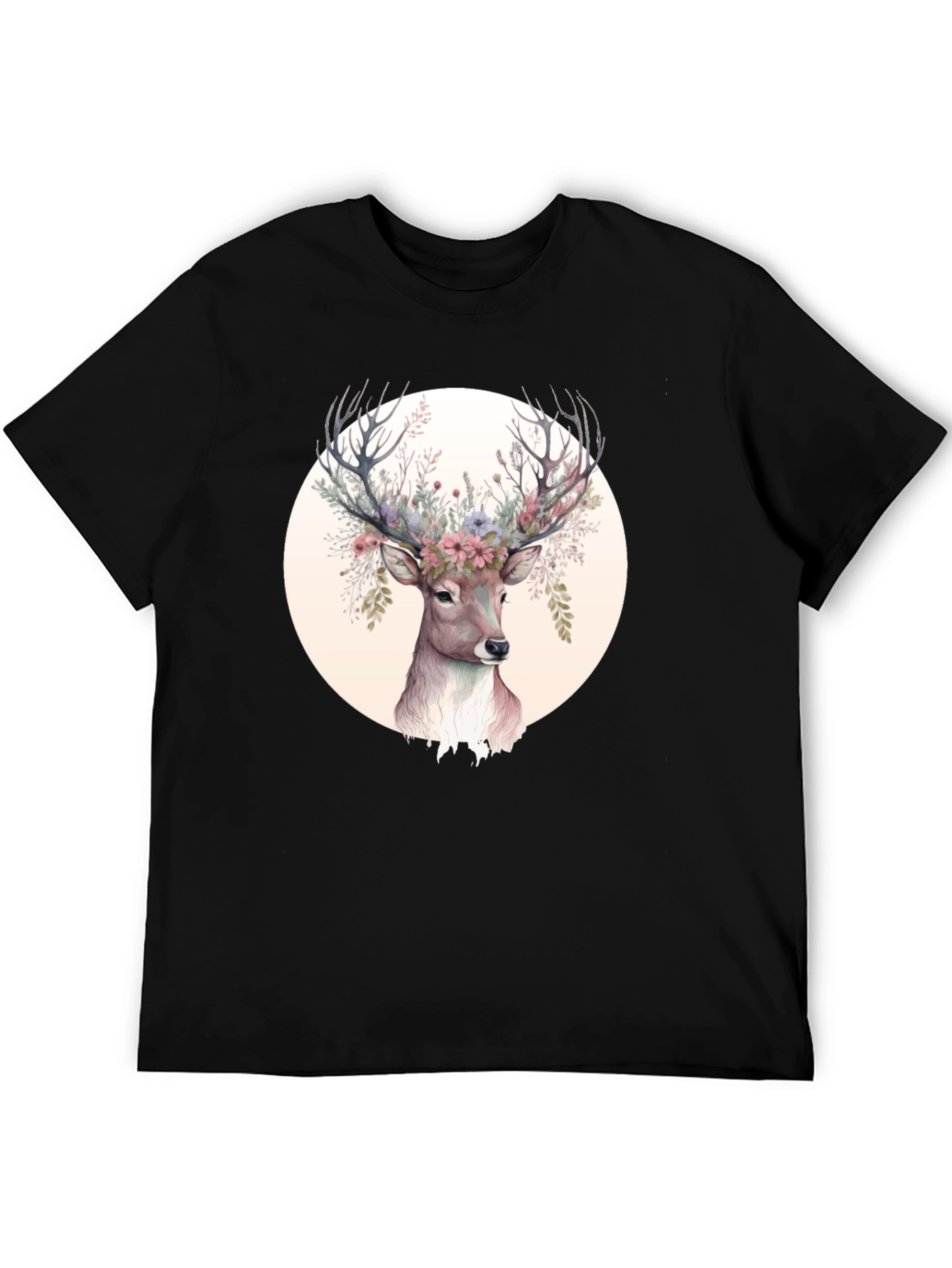 Floral Deer Graphic Tee - Mens Black Shirt