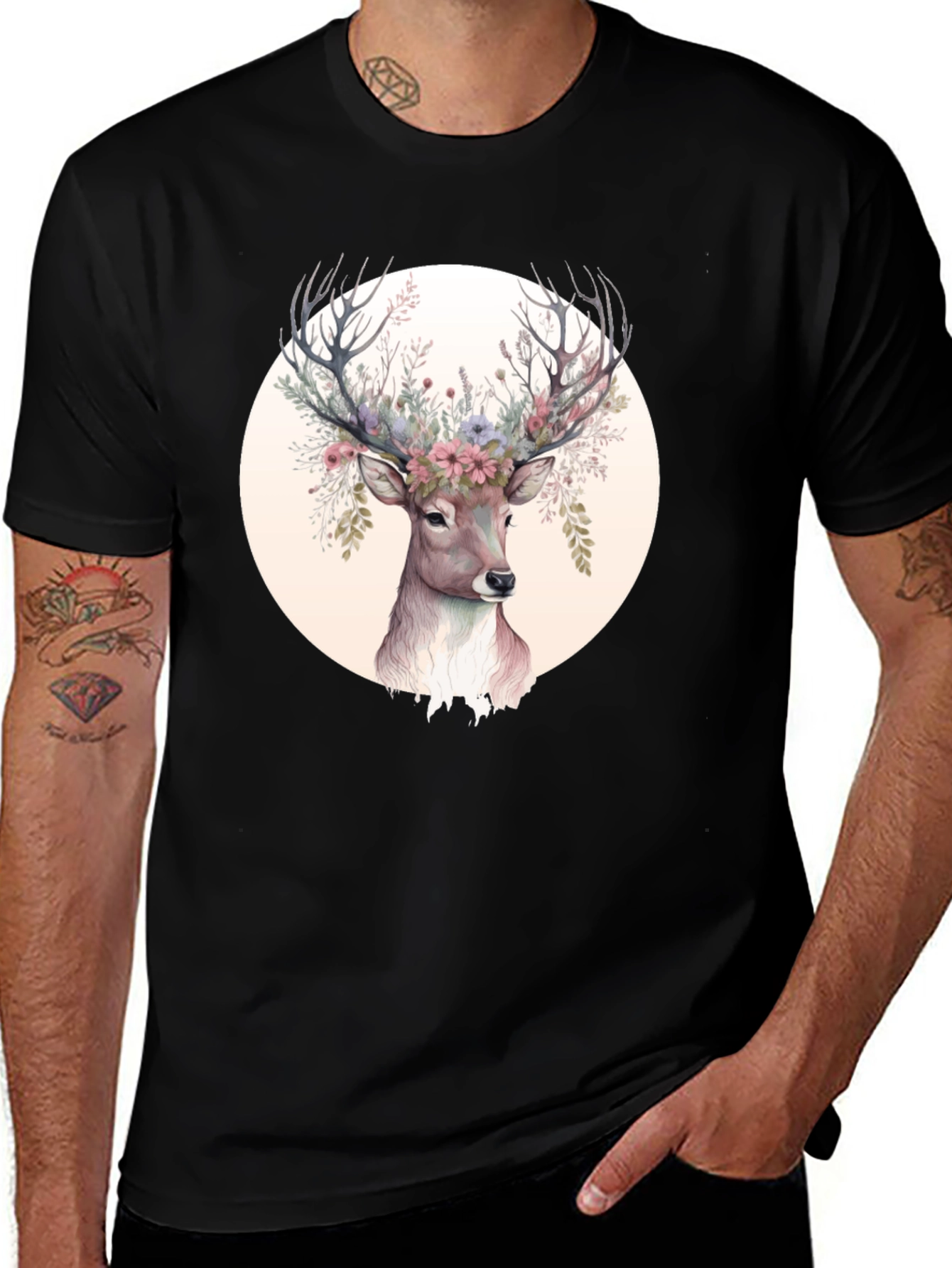 Floral Deer Graphic Tee - Mens Black Shirt