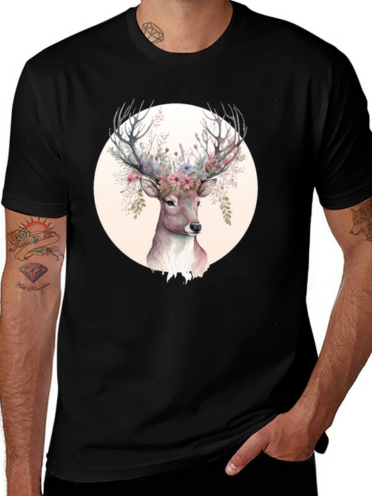 Floral Deer Graphic Tee - Mens Black Shirt