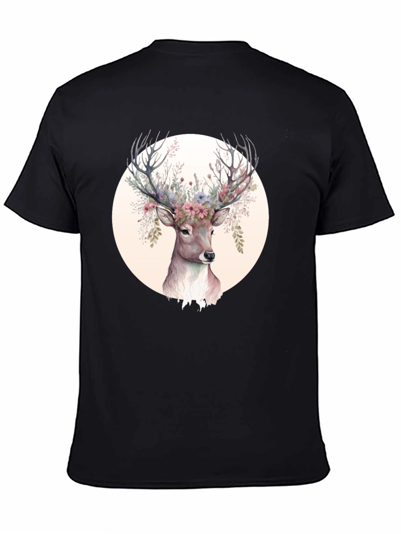 Floral Deer Graphic Tee - Mens Black Shirt