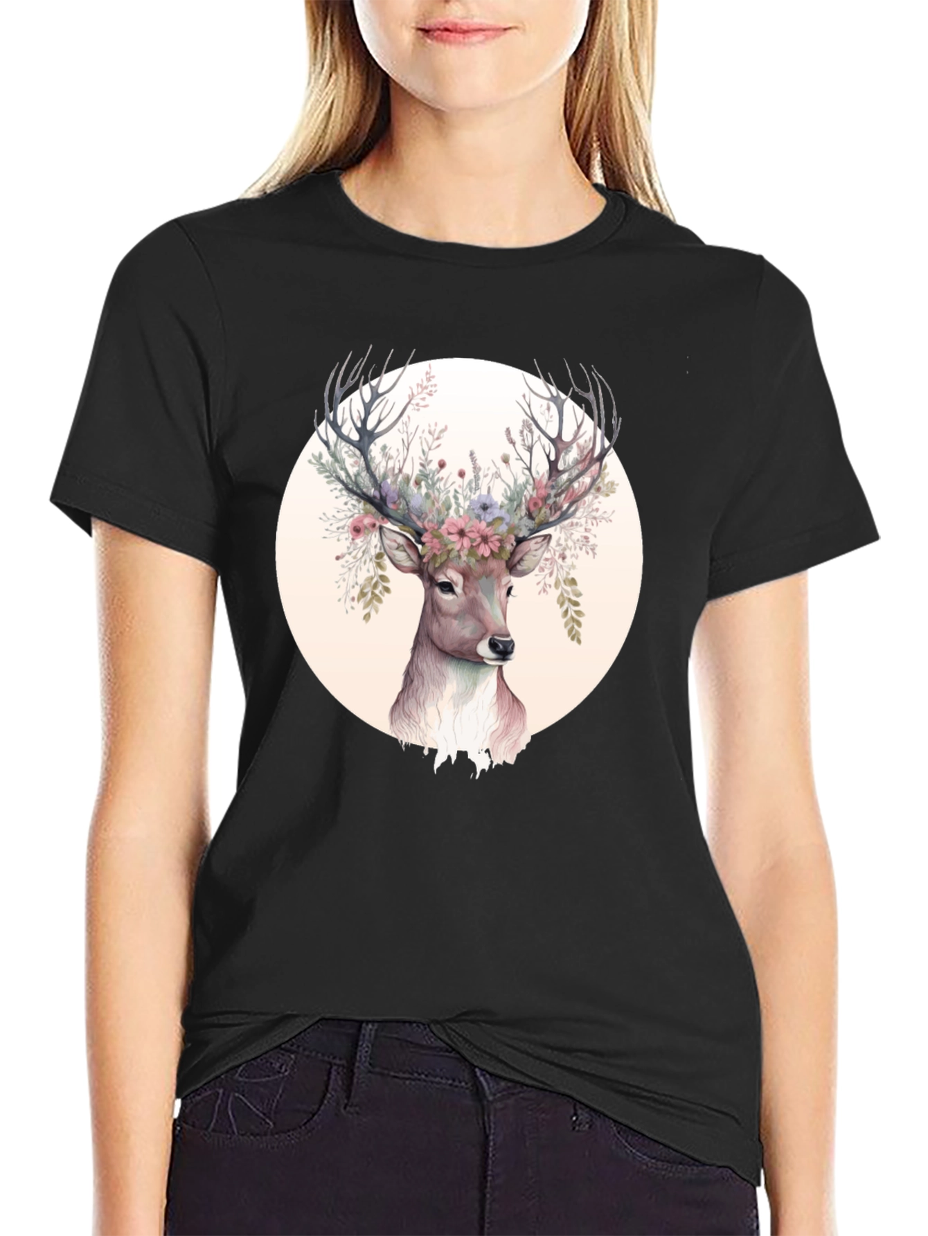 Floral Deer Graphic Tee - Mens Black Shirt