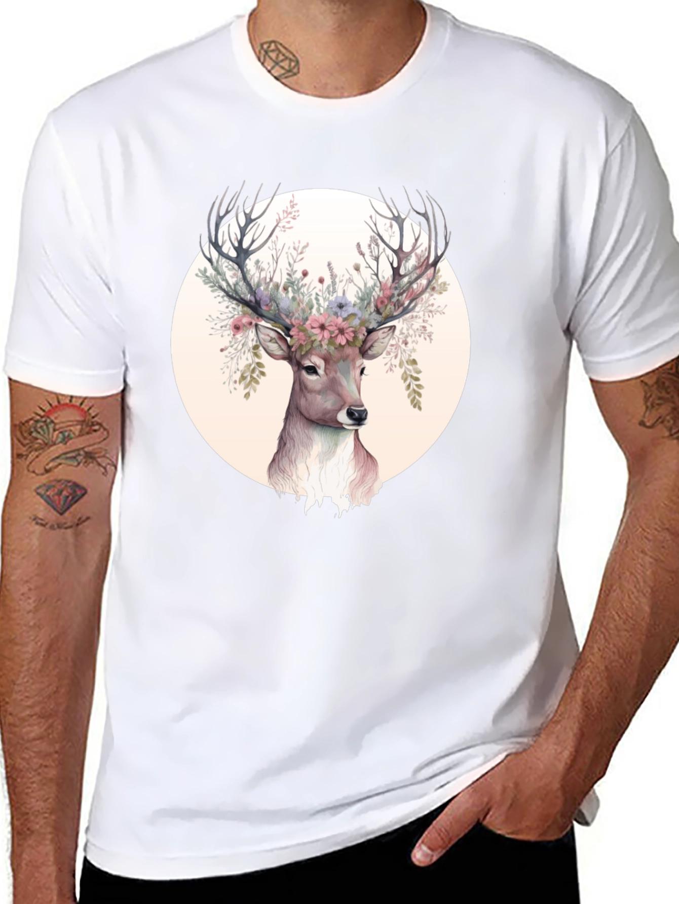 Floral Deer Graphic Tee - Mens Black Shirt