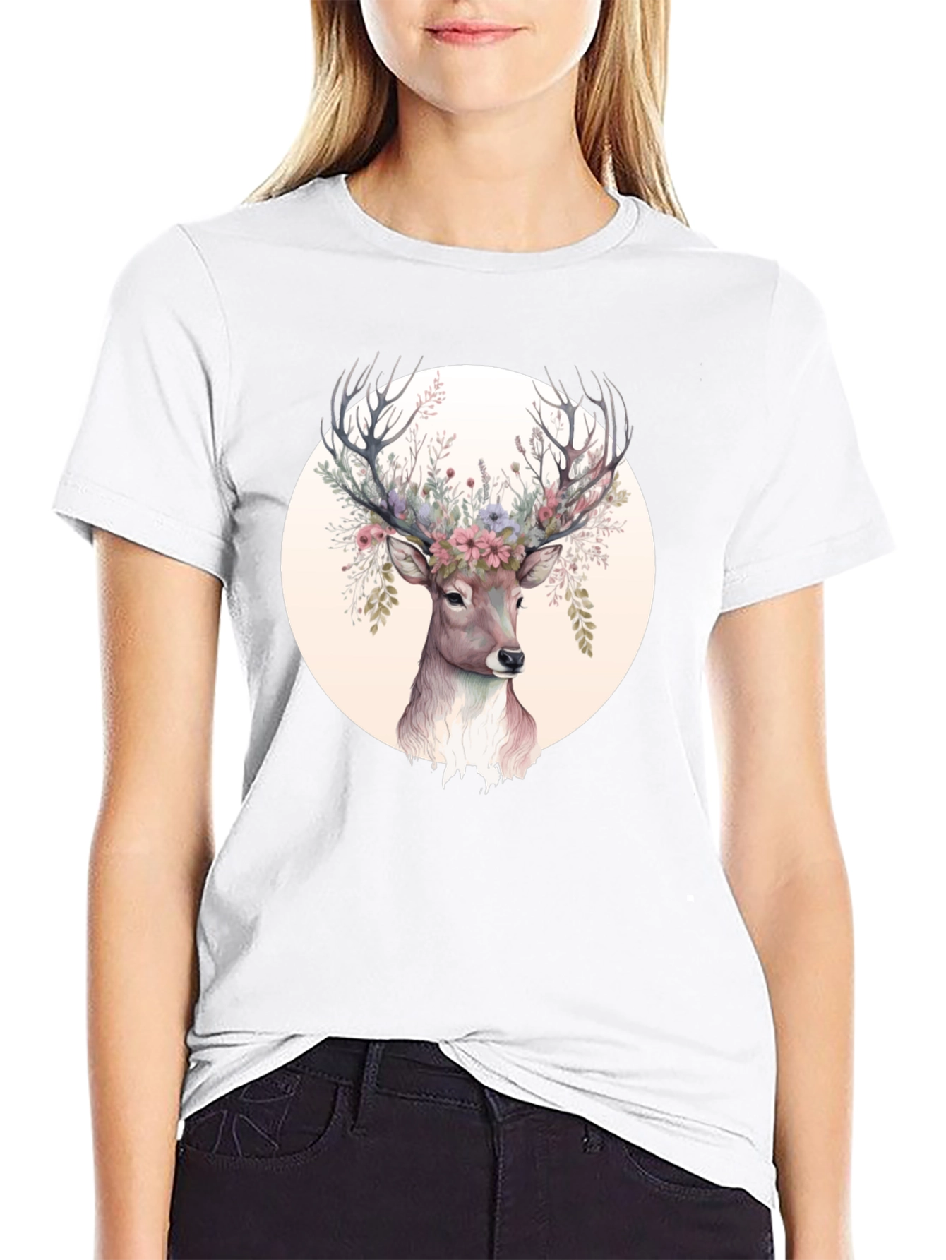 Floral Deer Graphic Tee - Mens Black Shirt