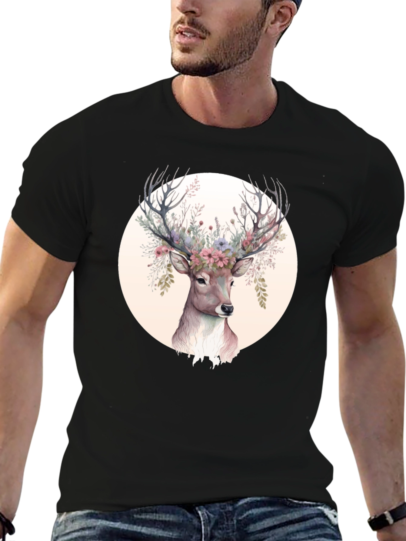 Floral Deer Graphic Tee - Mens Black Shirt