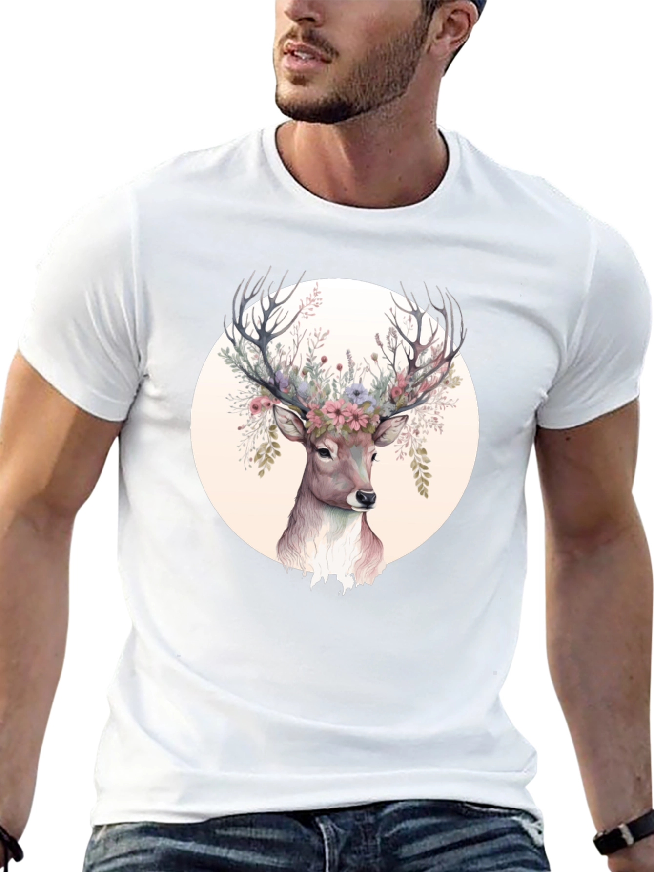 Floral Deer Graphic Tee - Mens Black Shirt
