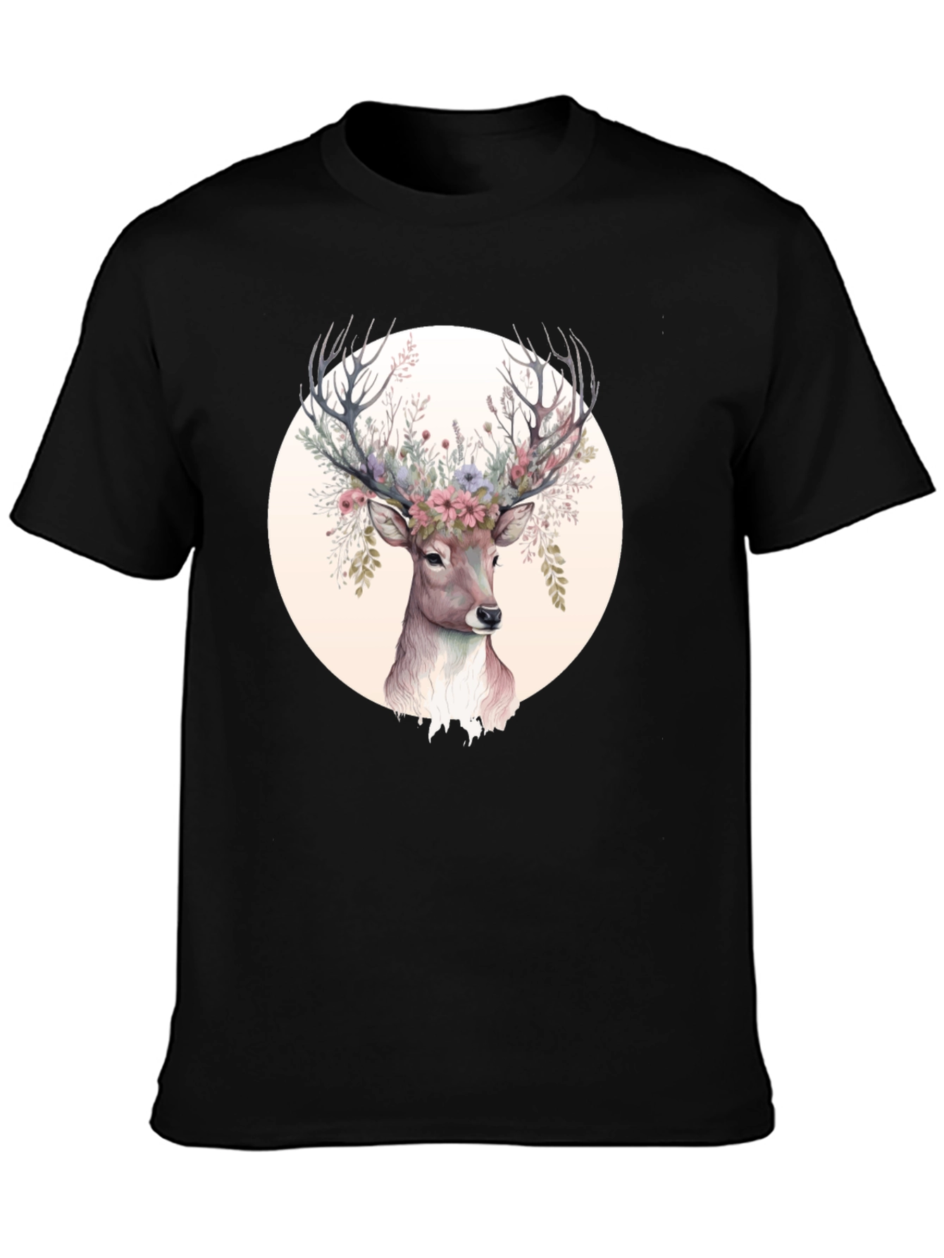 Floral Deer Graphic Tee - Mens Black Shirt