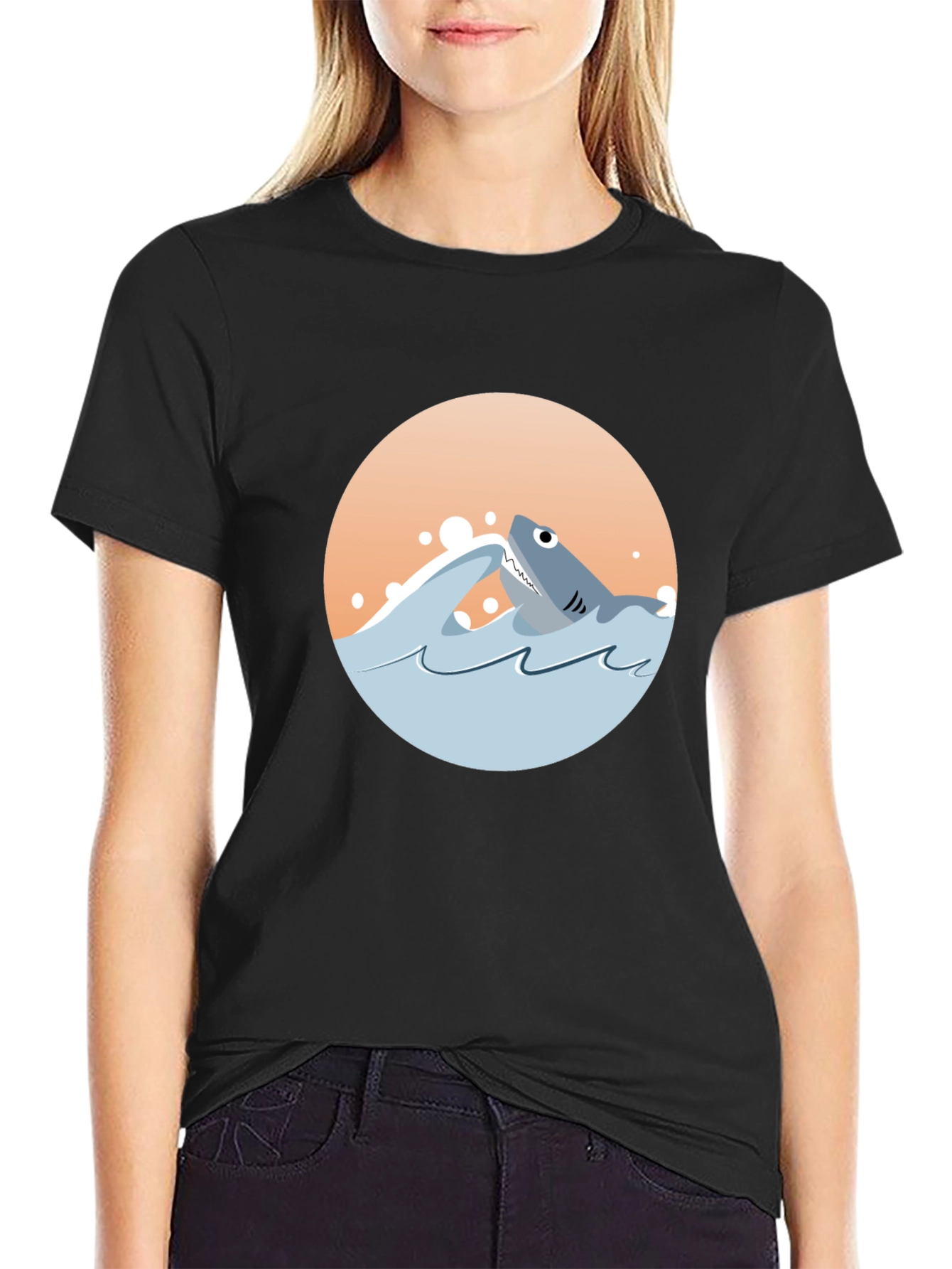 Shark Graphic Tee - Black Cotton Crewneck T-Shirt