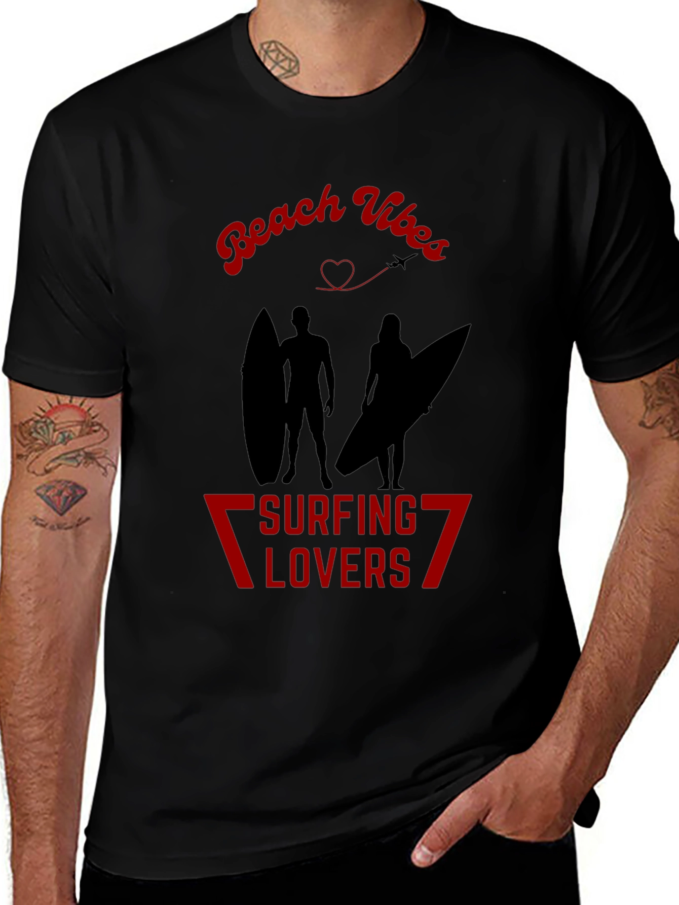 Beach Vibes Surfing Lovers Black T-Shirt