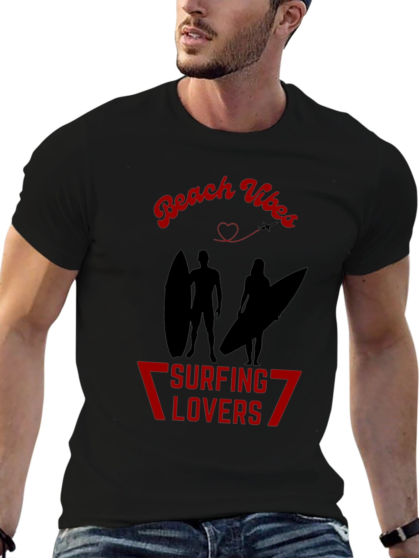 Beach Vibes Surfing Lovers Black T-Shirt