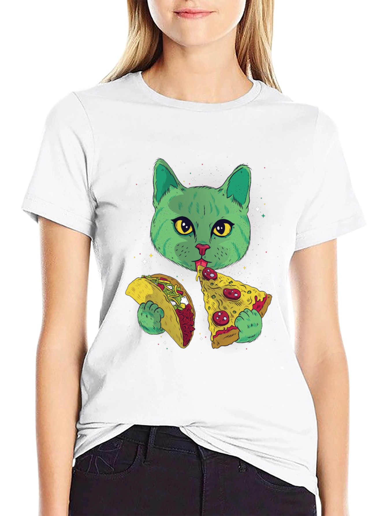 Cat Eating Taco Pizza Graphic Tee