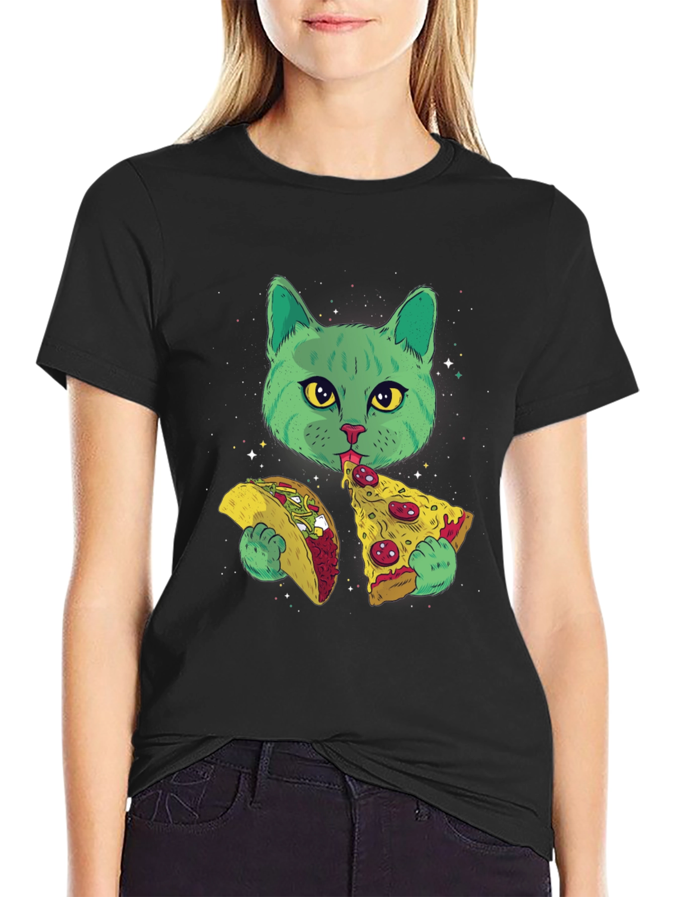 Cat Eating Taco Pizza Graphic Tee