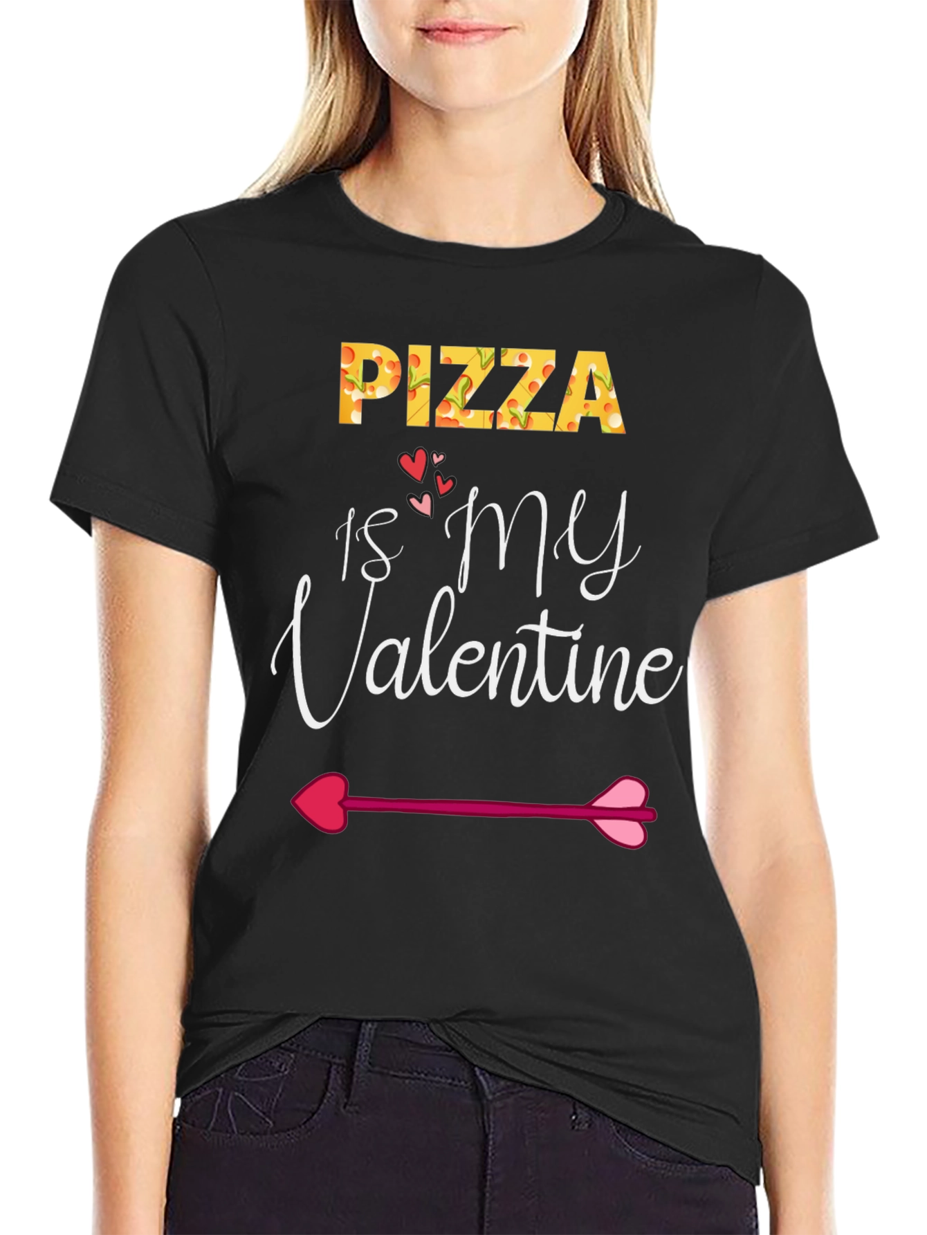 Pizza Is My Valentine Black Graphic T-Shirt