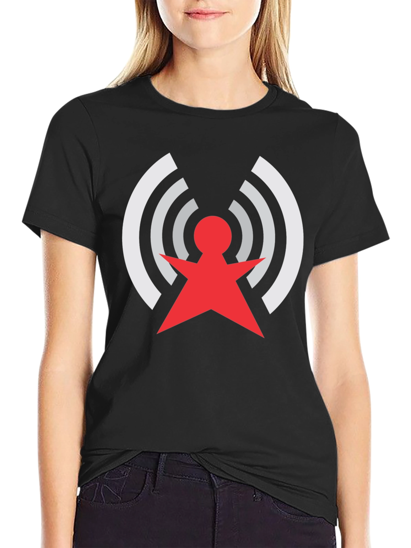 Retro Red & White Antenna Design Black T-Shirt