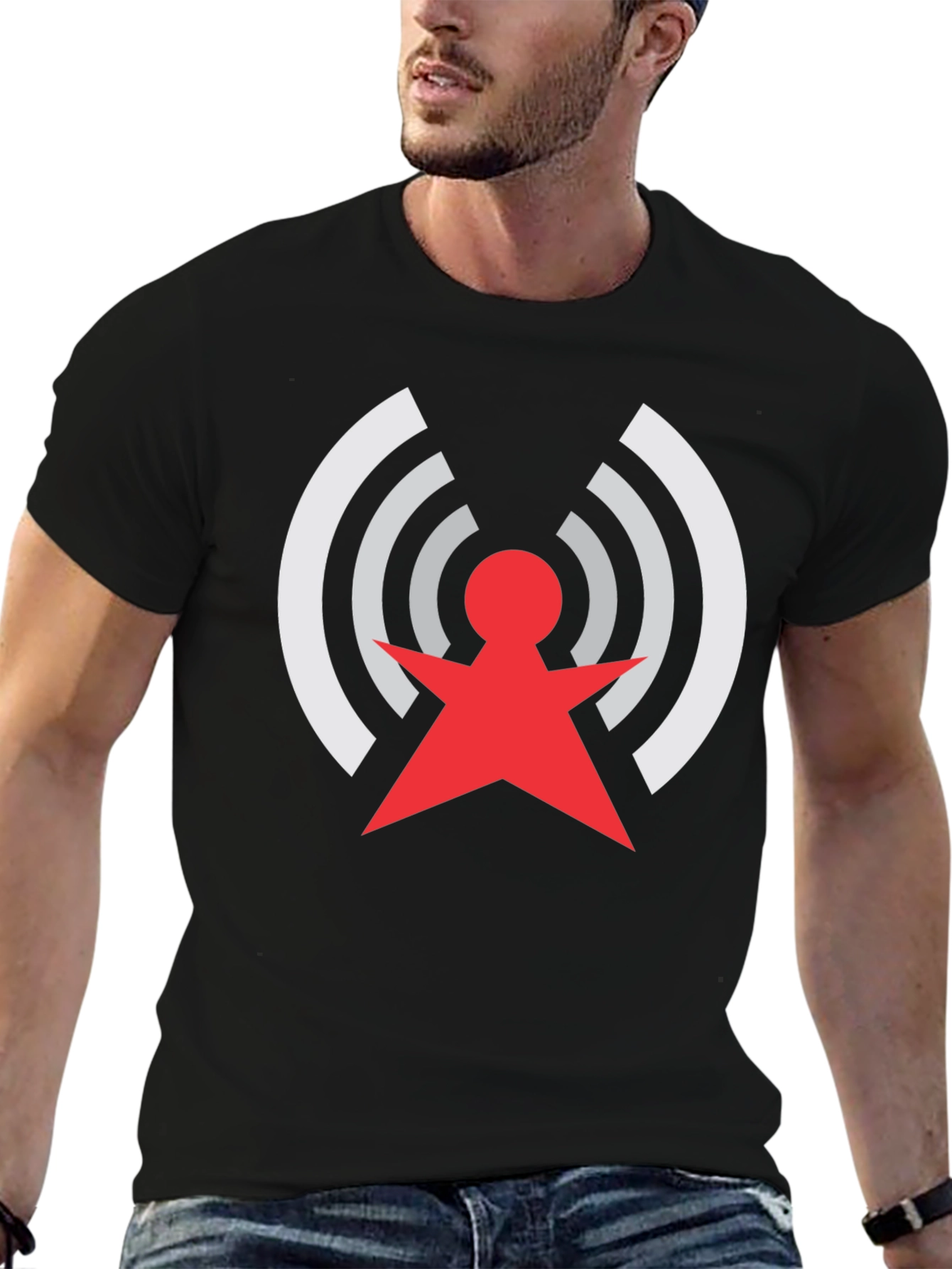 Retro Red & White Antenna Design Black T-Shirt