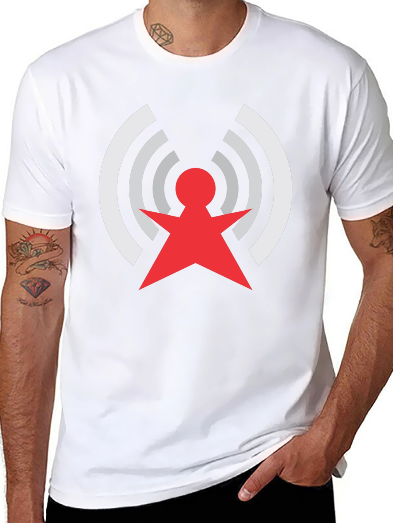 Retro Red & White Antenna Design Black T-Shirt