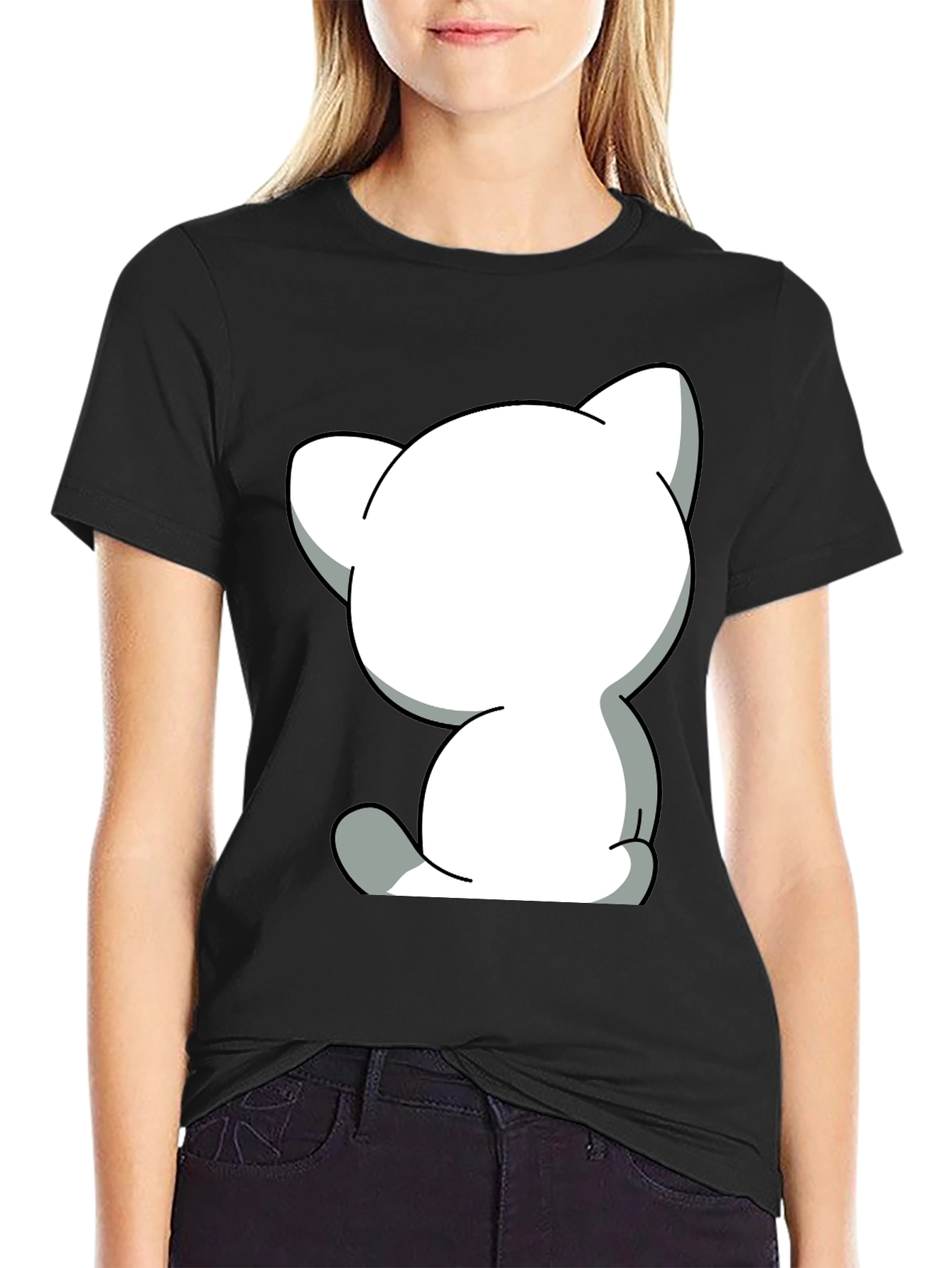 Cute Cartoon Cat Graphic Tee - Unisex Black T-Shirt