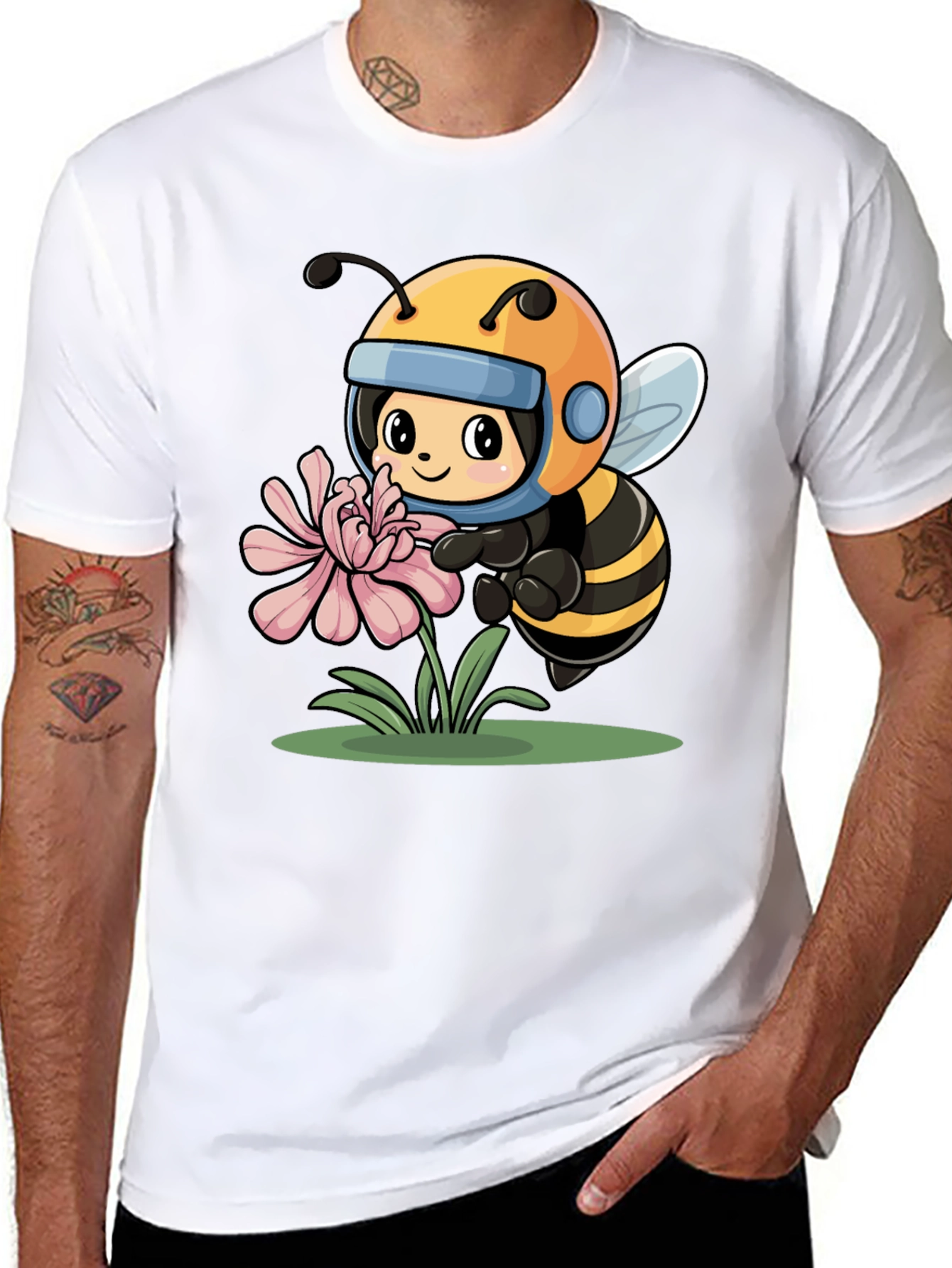 Cartoon Bee on Flower Black T-Shirt