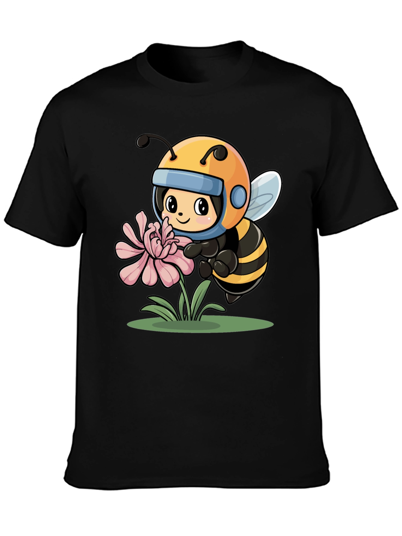 Cartoon Bee on Flower Black T-Shirt