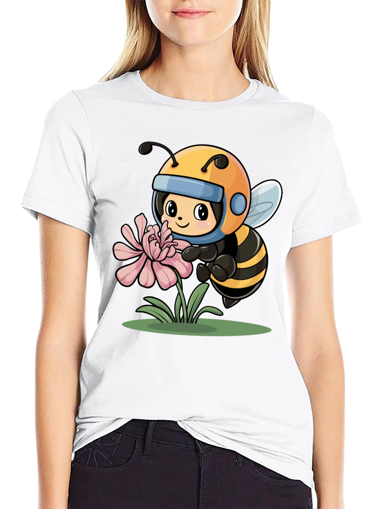 Cartoon Bee on Flower Black T-Shirt