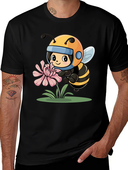 Cartoon Bee on Flower Black T-Shirt