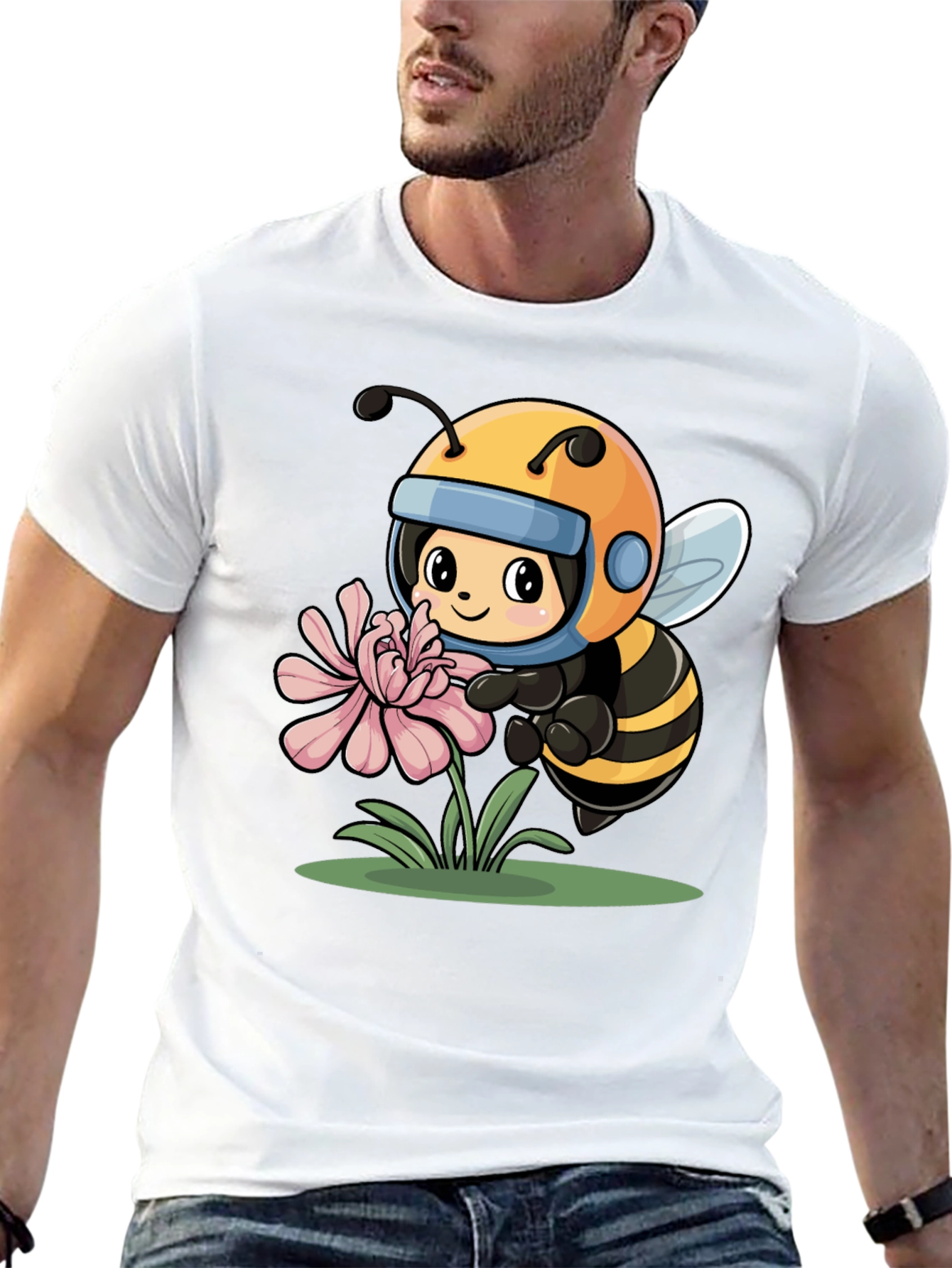 Cartoon Bee on Flower Black T-Shirt