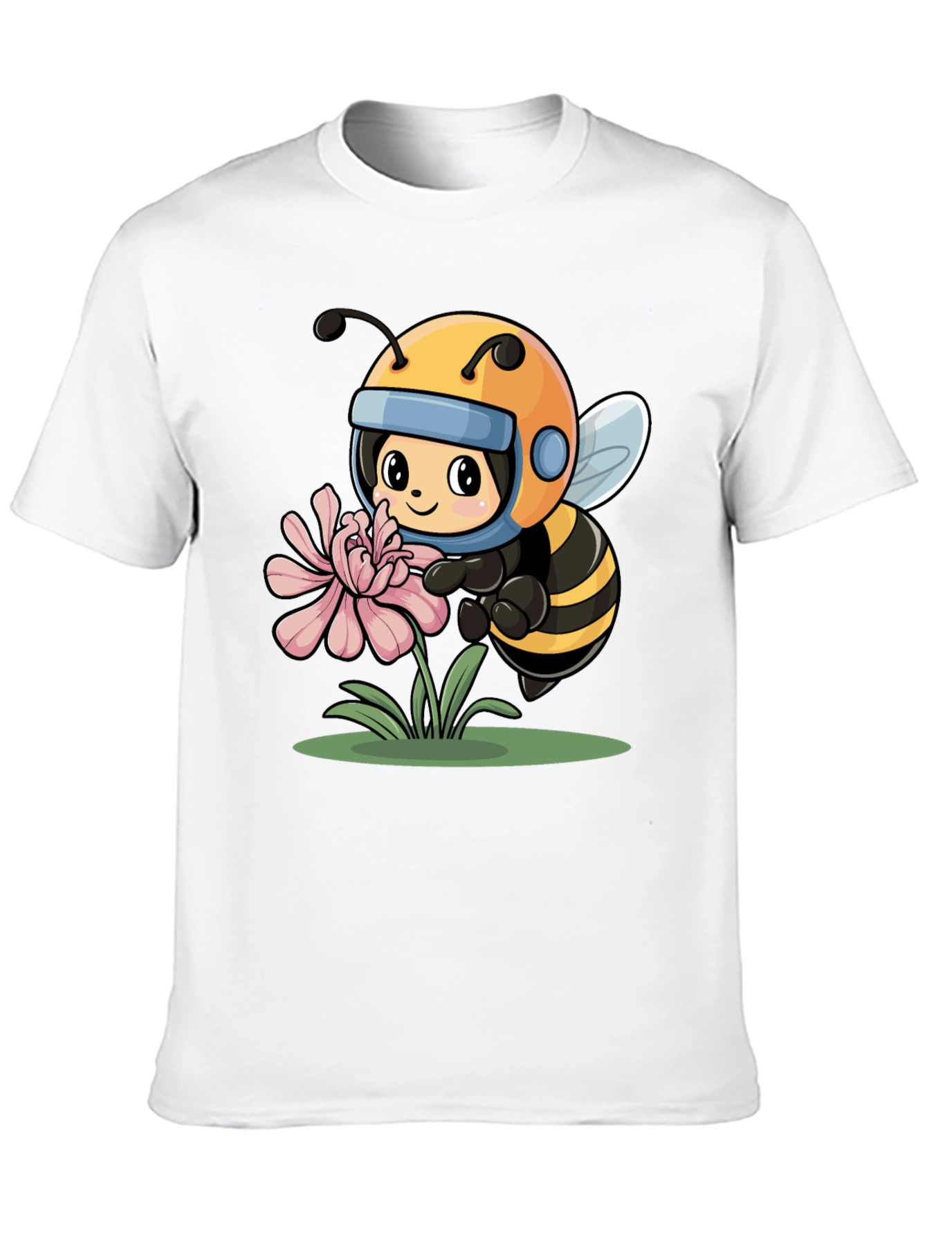 Cartoon Bee on Flower Black T-Shirt