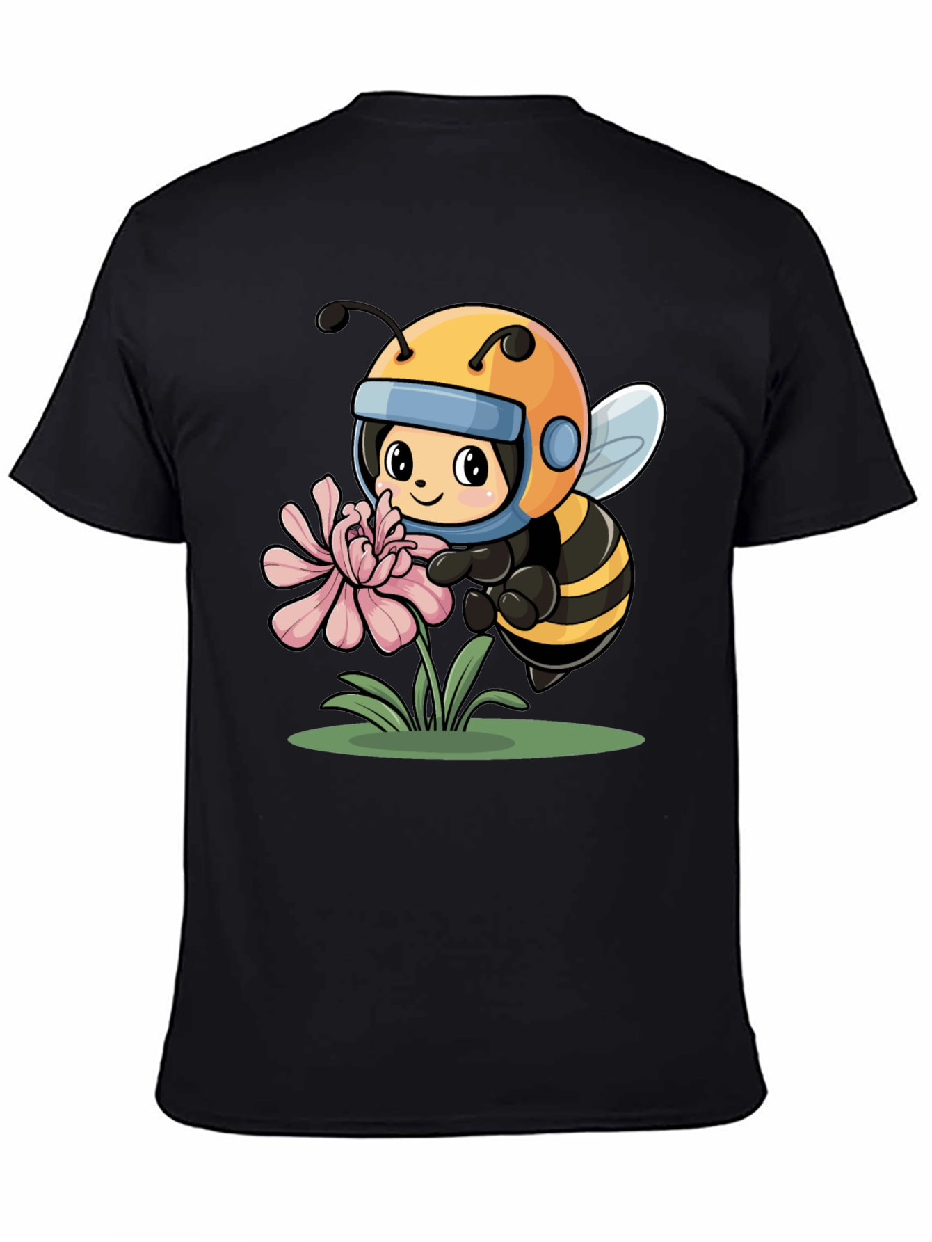 Cartoon Bee on Flower Black T-Shirt