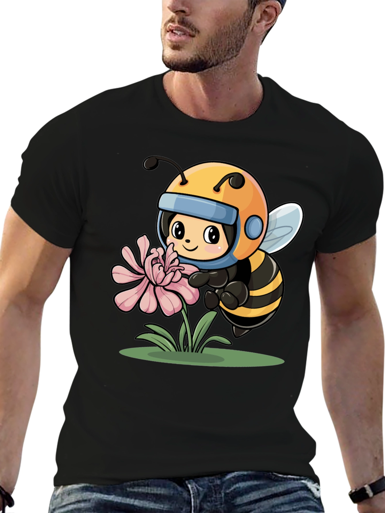 Cartoon Bee on Flower Black T-Shirt