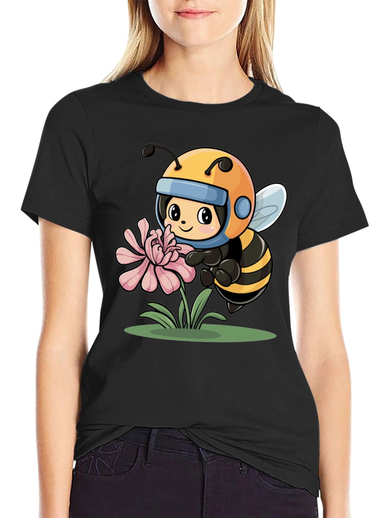 Cartoon Bee on Flower Black T-Shirt