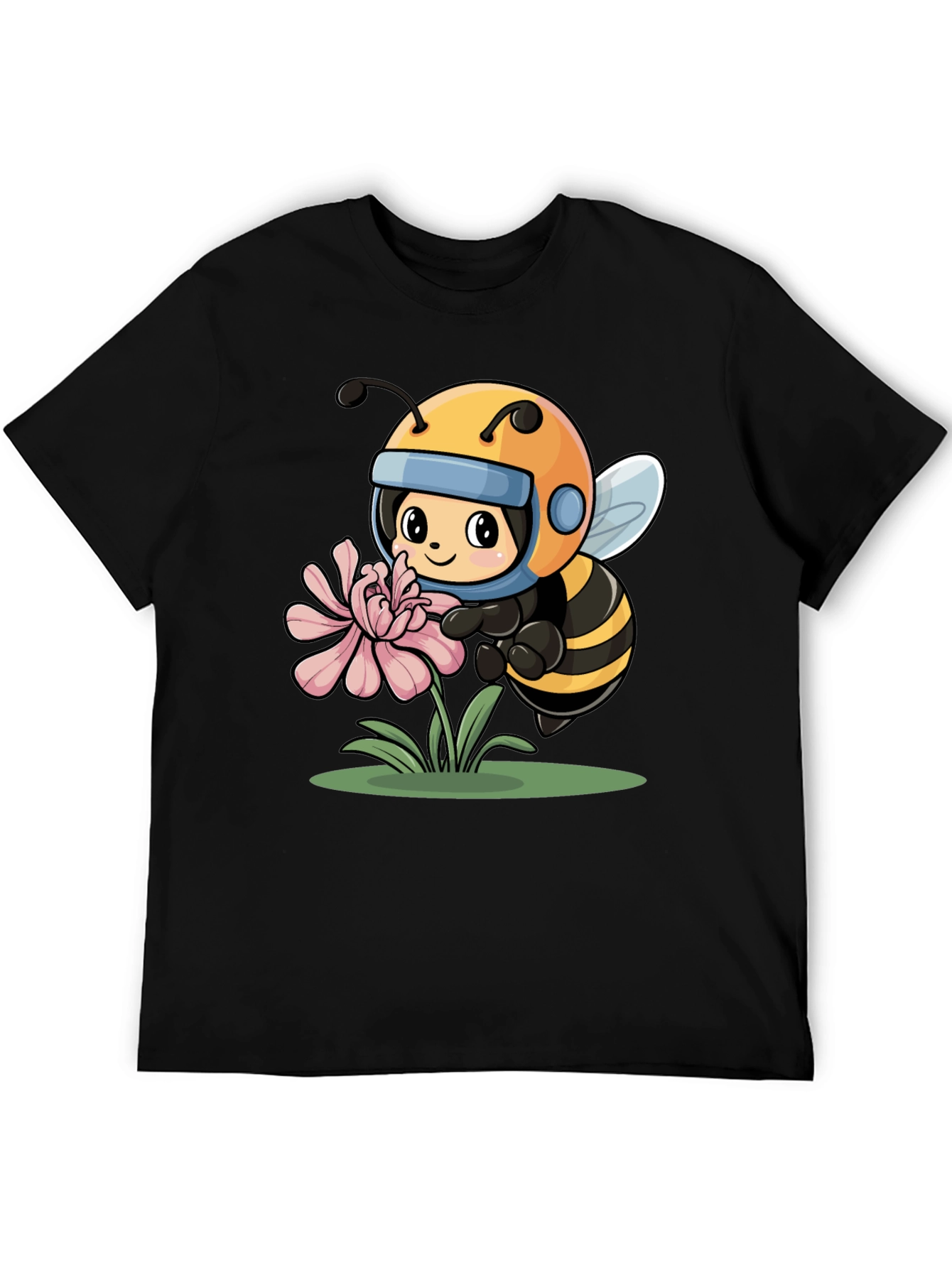 Cartoon Bee on Flower Black T-Shirt