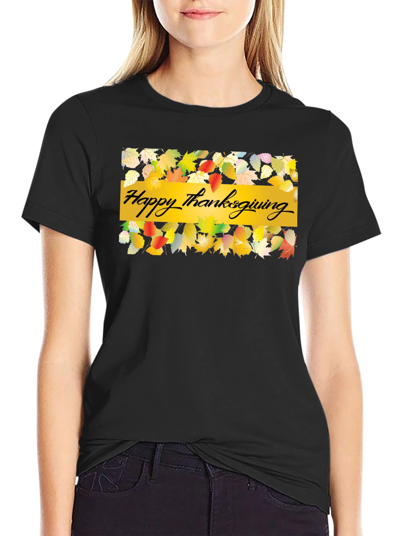Thanksgiving Leaves Graphic Black T-Shirt
