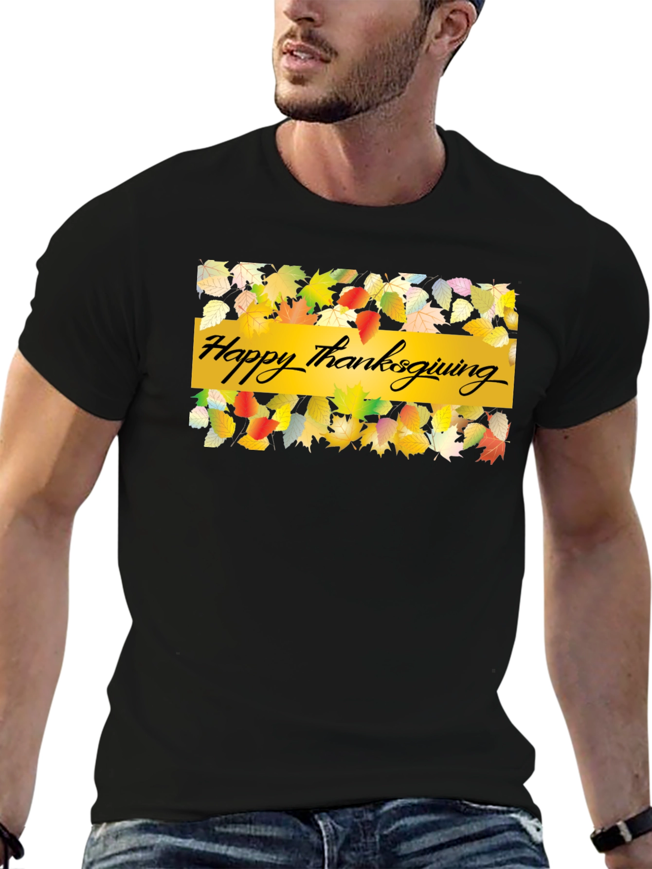 Thanksgiving Leaves Graphic Black T-Shirt