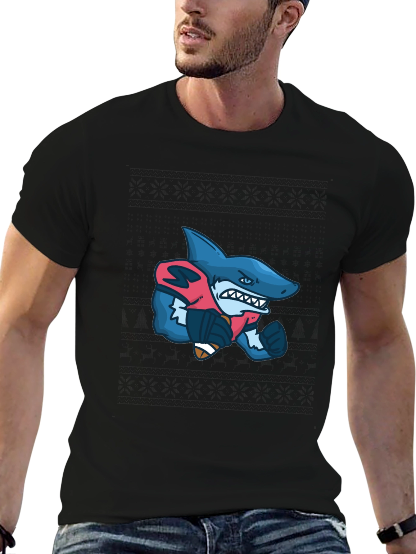 Shark Football Player Graphic Tee - Black