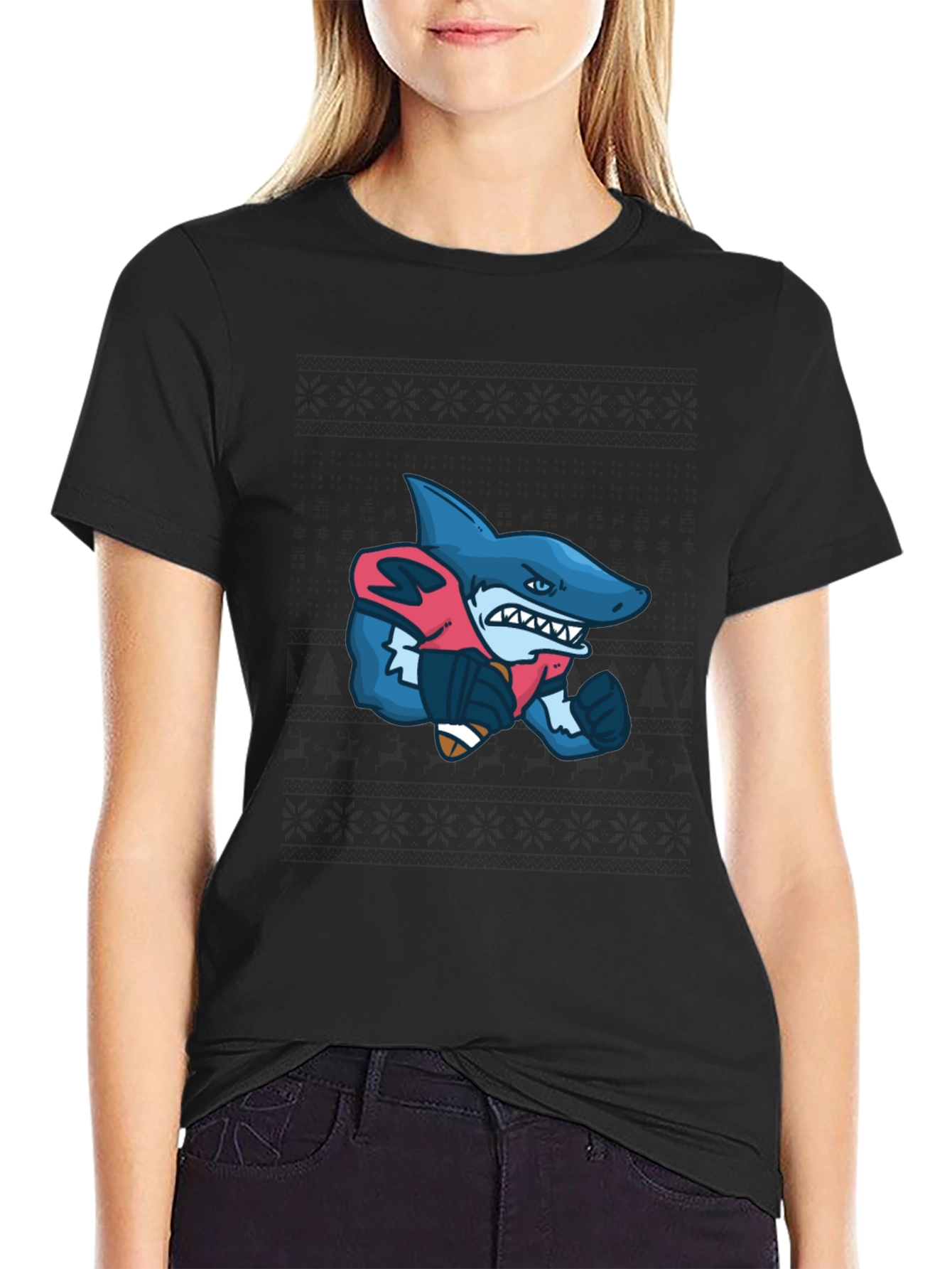 Shark Football Player Graphic Tee - Black