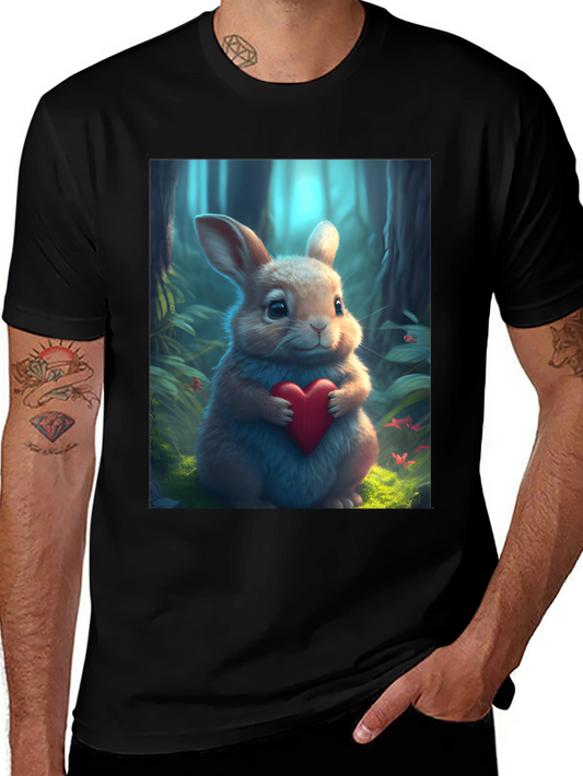 Cute Bunny Heart Graphic Tee - Soft Black Cotton Blend