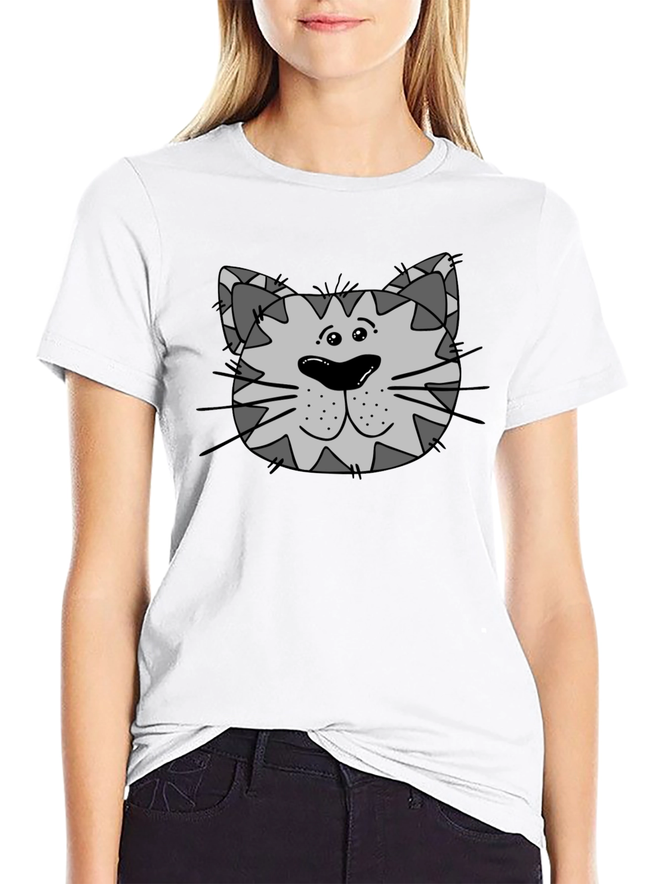 Cartoon Cat Face Graphic Tee - Black Unisex T-Shirt