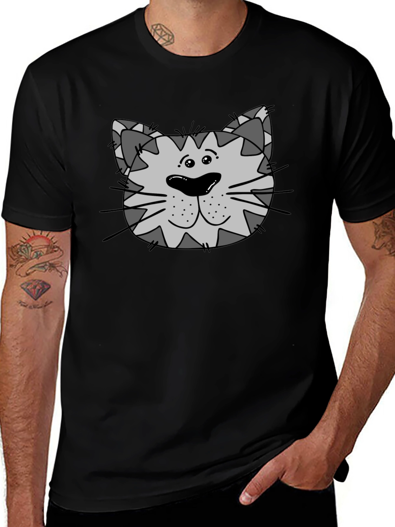 Cartoon Cat Face Graphic Tee - Black Unisex T-Shirt