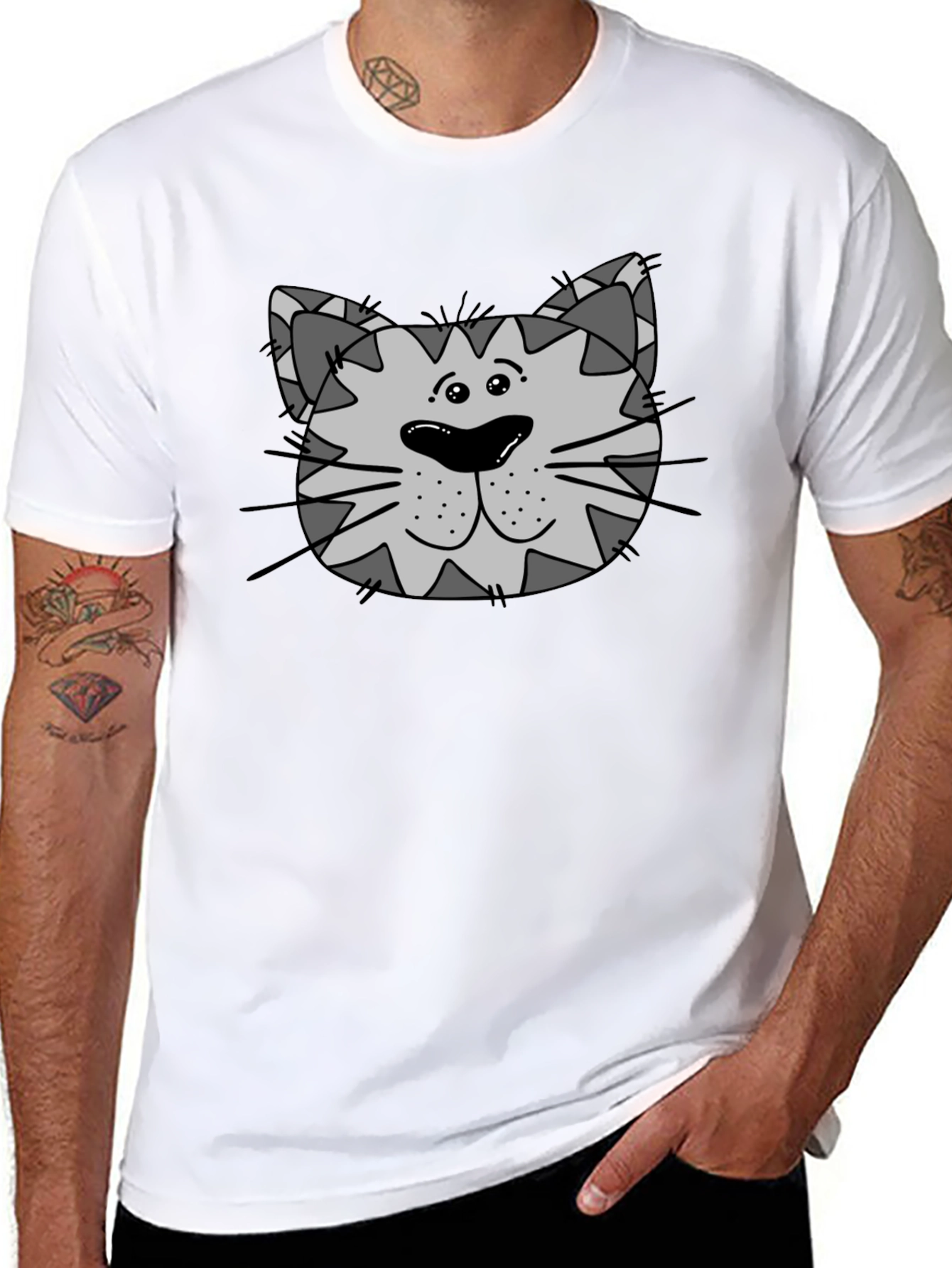 Cartoon Cat Face Graphic Tee - Black Unisex T-Shirt