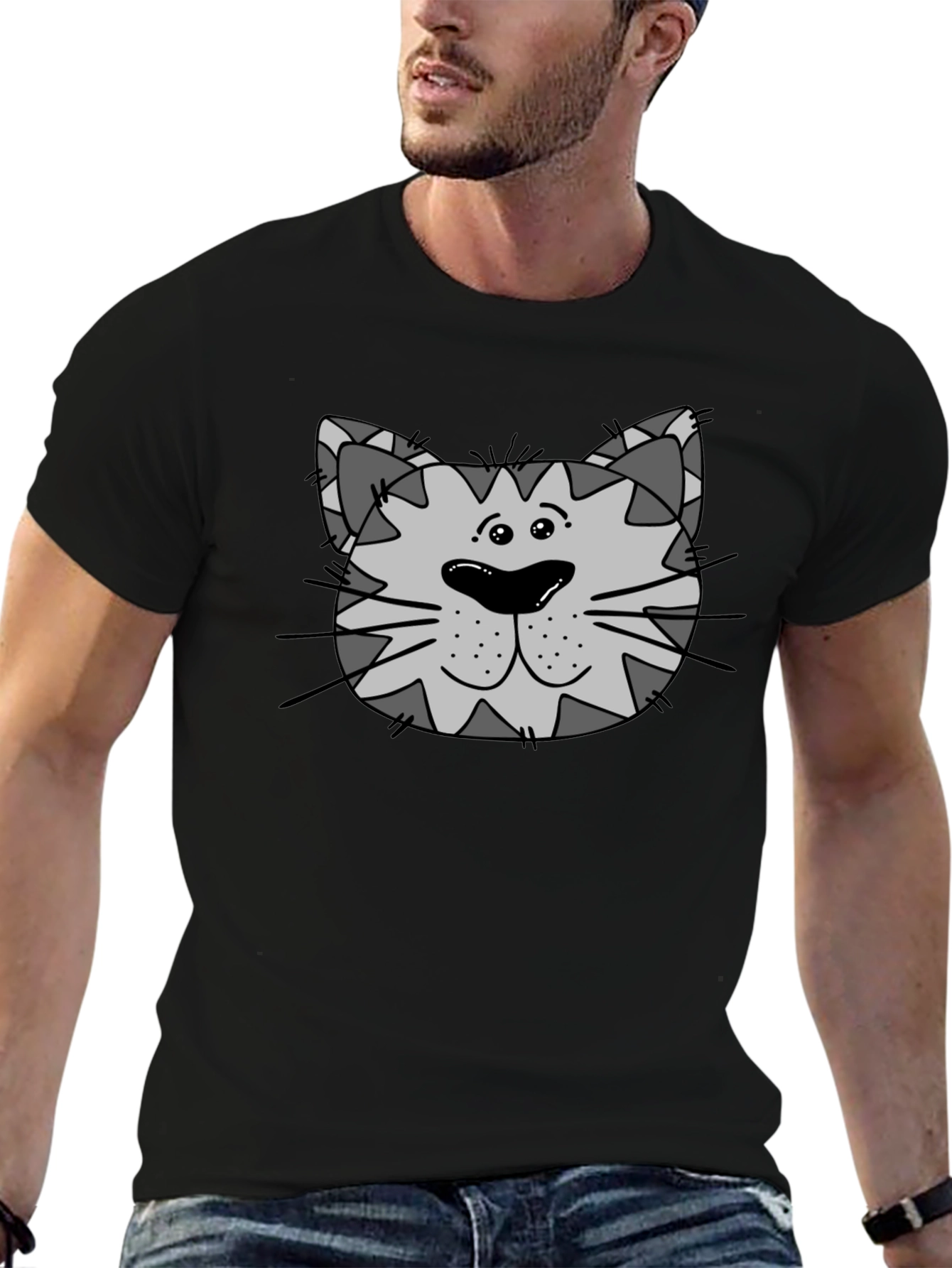 Cartoon Cat Face Graphic Tee - Black Unisex T-Shirt