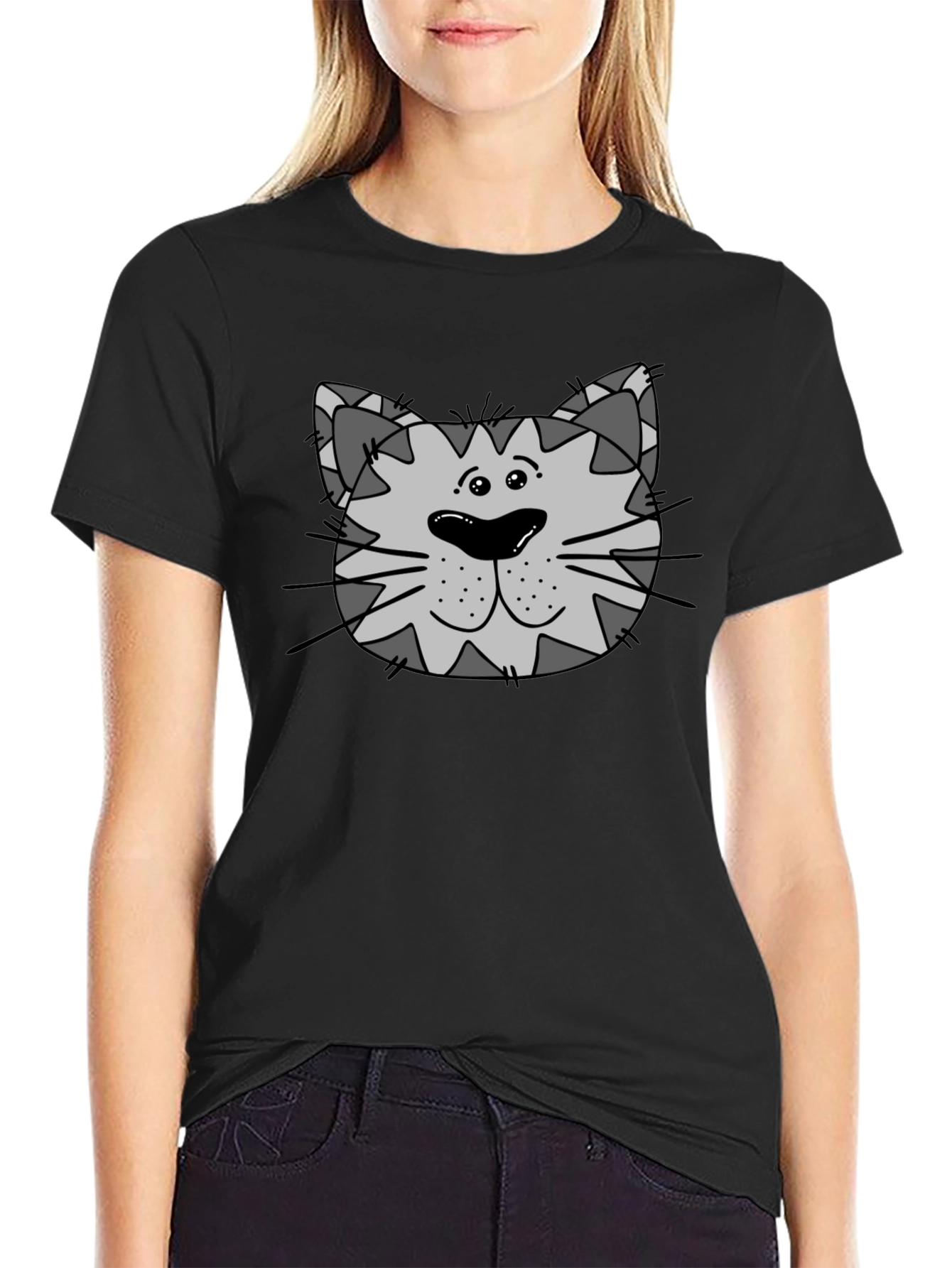 Cartoon Cat Face Graphic Tee - Black Unisex T-Shirt