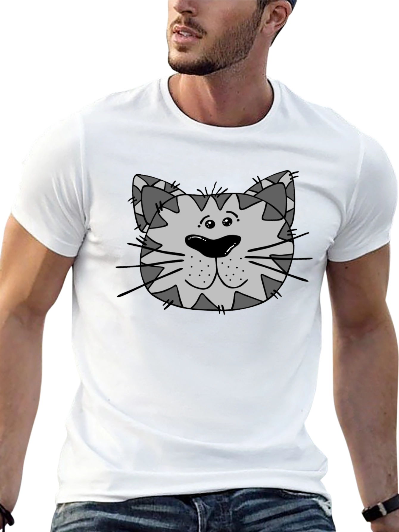 Cartoon Cat Face Graphic Tee - Black Unisex T-Shirt