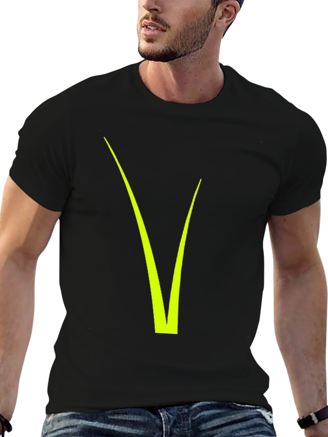 Modern Black Tee with Neon Green V Design