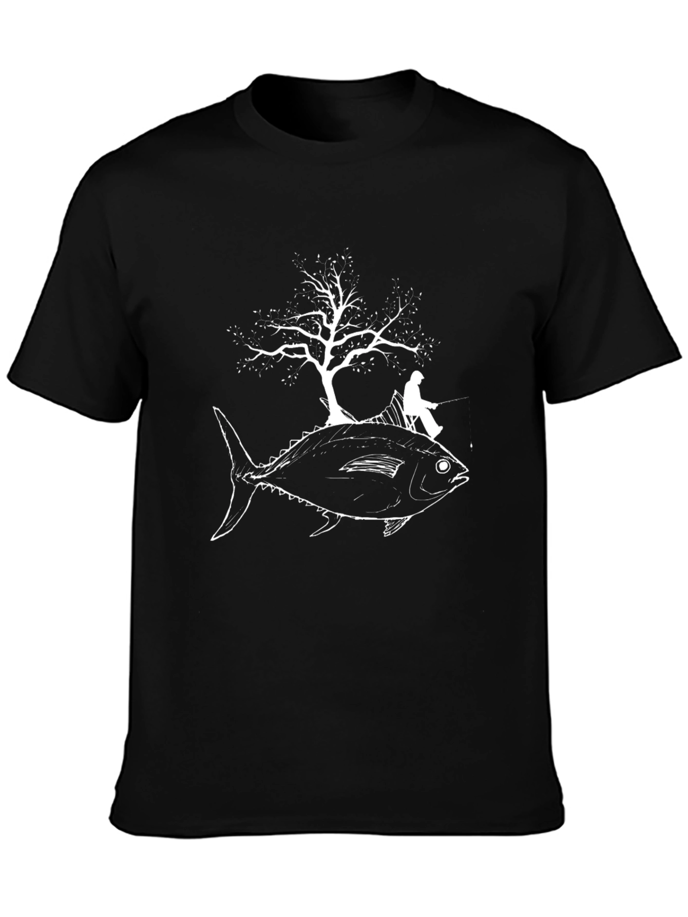 Fish Tree Fisherman Graphic Tee - Unique Black T-Shirt