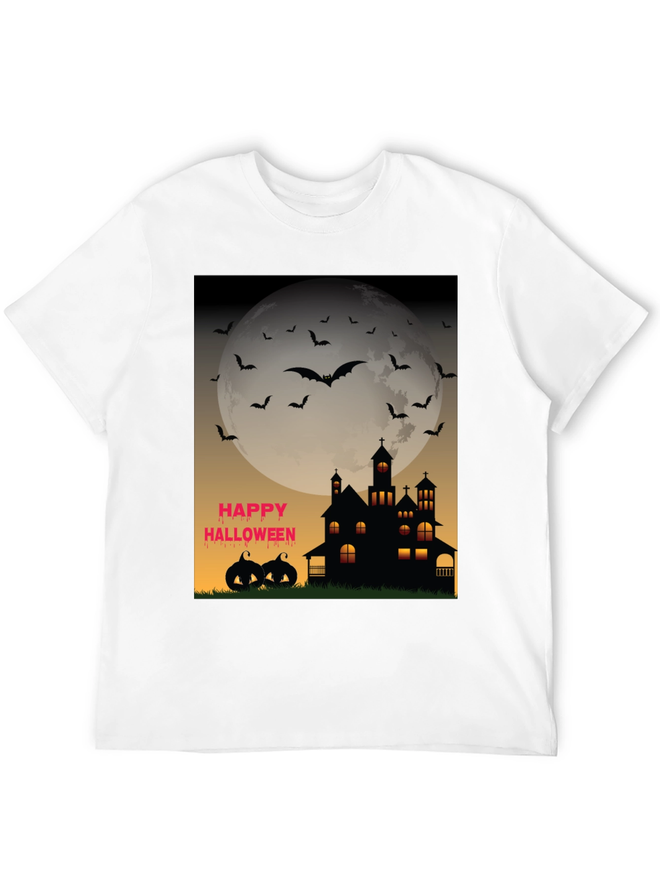 Halloween T-Shirt - Haunted House Bats and Pumpkins