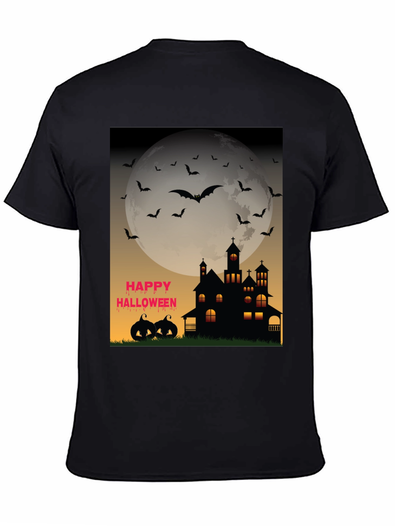 Halloween T-Shirt - Haunted House Bats and Pumpkins